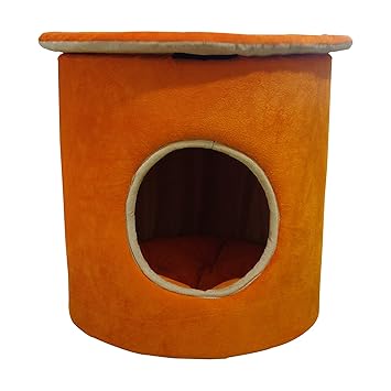 Hiputee Elegant Durable Foam Velvet Round Toy Dogs Pet Cat Bed House Hut Diameter 18 inch Height 18 inch (Small, Orange-Cream)