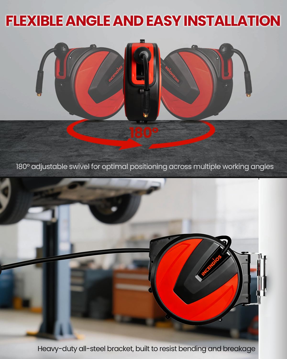 INCENDIOS Enrouleur de Tuyau d'Air 15 m, Raccord 3/8" BSP, 20 BAR, Dévidoir de Tuyau Air Comprimé Automatique avec 2 m de Tuyau d’Alimentation, Support Mural Pivotant 180°, pour Garage & Atelier