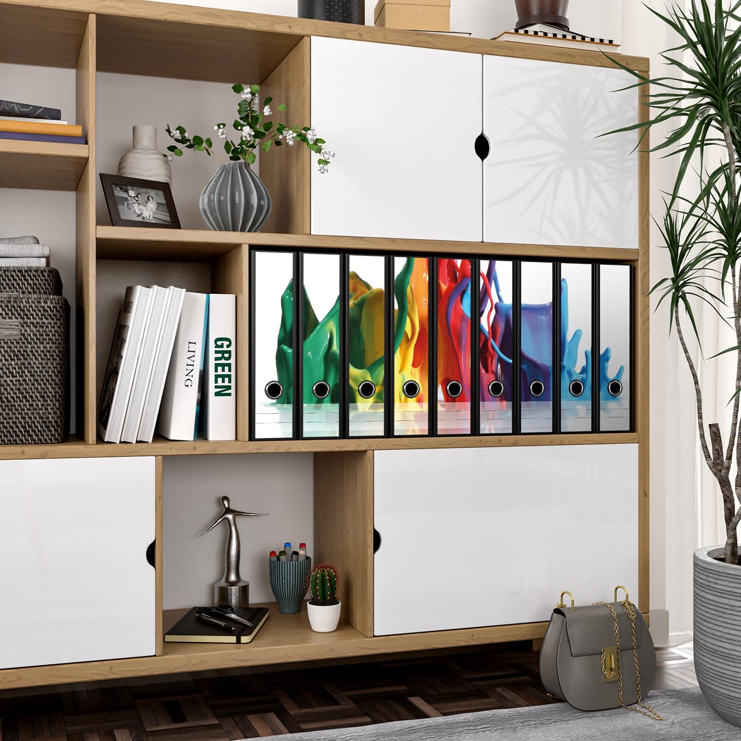 Wallario 9 Stück breite Ordner inkl. Klebeetiketten mit Motiv Farbklecks von Links - Bunte Farben auf Abwegen - Set mit Rückenschildern/Ordnerrücken Stickern