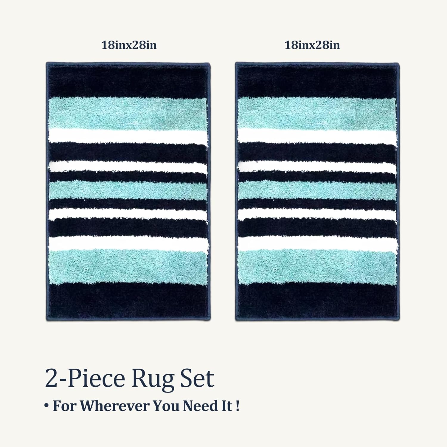2 Piece Bathroom Rug Set 18''x28''+18''x28''– Soft & Quick-Dry Polyester Bath Mat Set with TPR Non-Slip Backing – Absorbent Bathroom Floor Rugs for Shower, Tub, and Sink. (Navy Stripes)