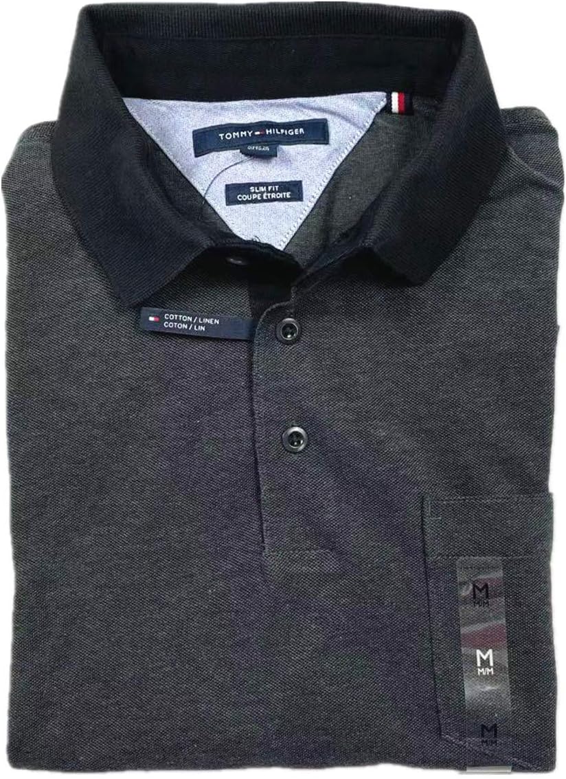 Tommy Hilfiger Men's Slim Fit Linen-Cotton Pocket Mesh Polo Shirt (Black/Iron (Slim Fit), M)