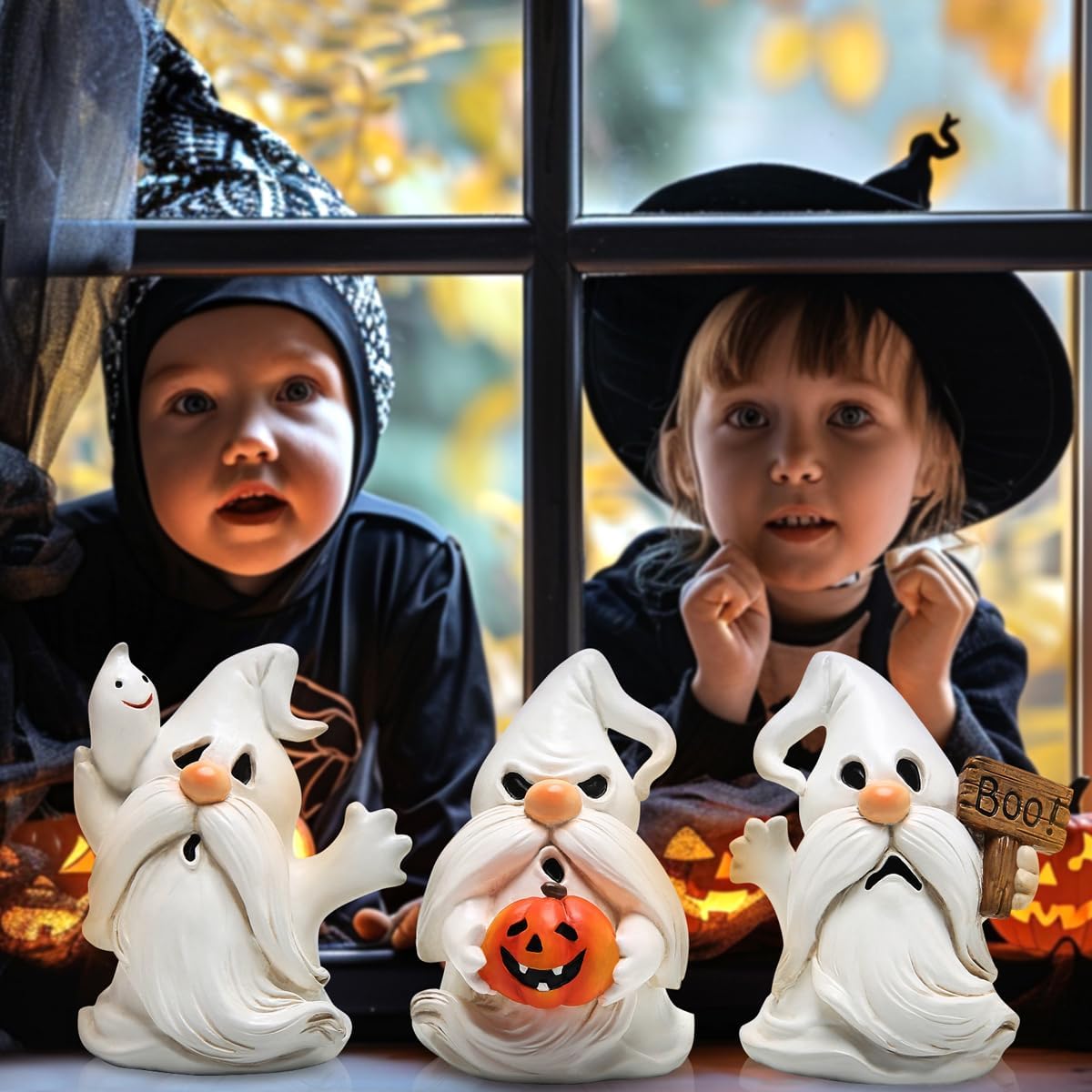 Hodao Halloween Ghost Gnome Figurines, Gothic Statues Decor, Set of 3 image 2