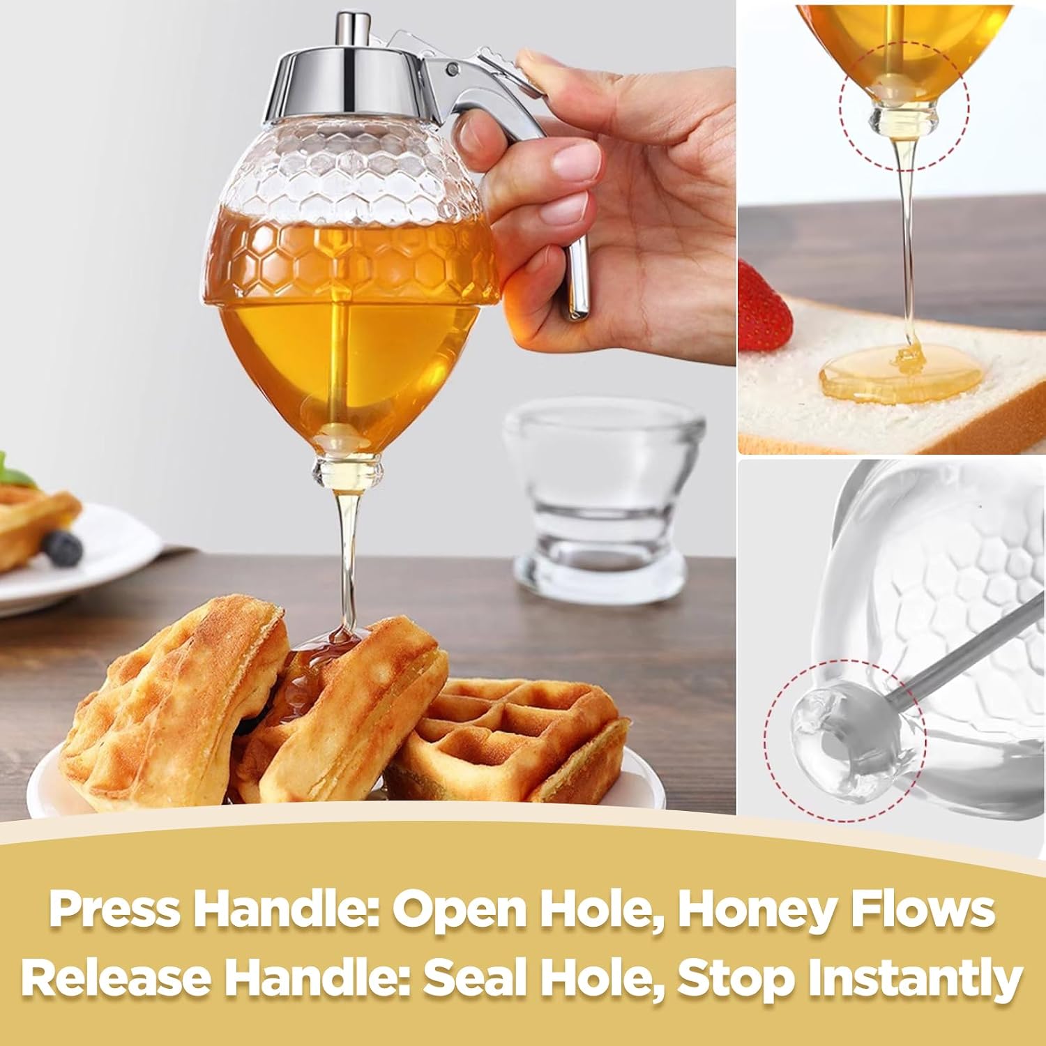 No-Drip Glass Honey Dispenser, 8oz Elegant Jar with Stand for Honey, Maple Syrup & Coffee, Honeycomb Design Bottle Ideal for Kitchen Use and Gifting(LPHD-01) image 3