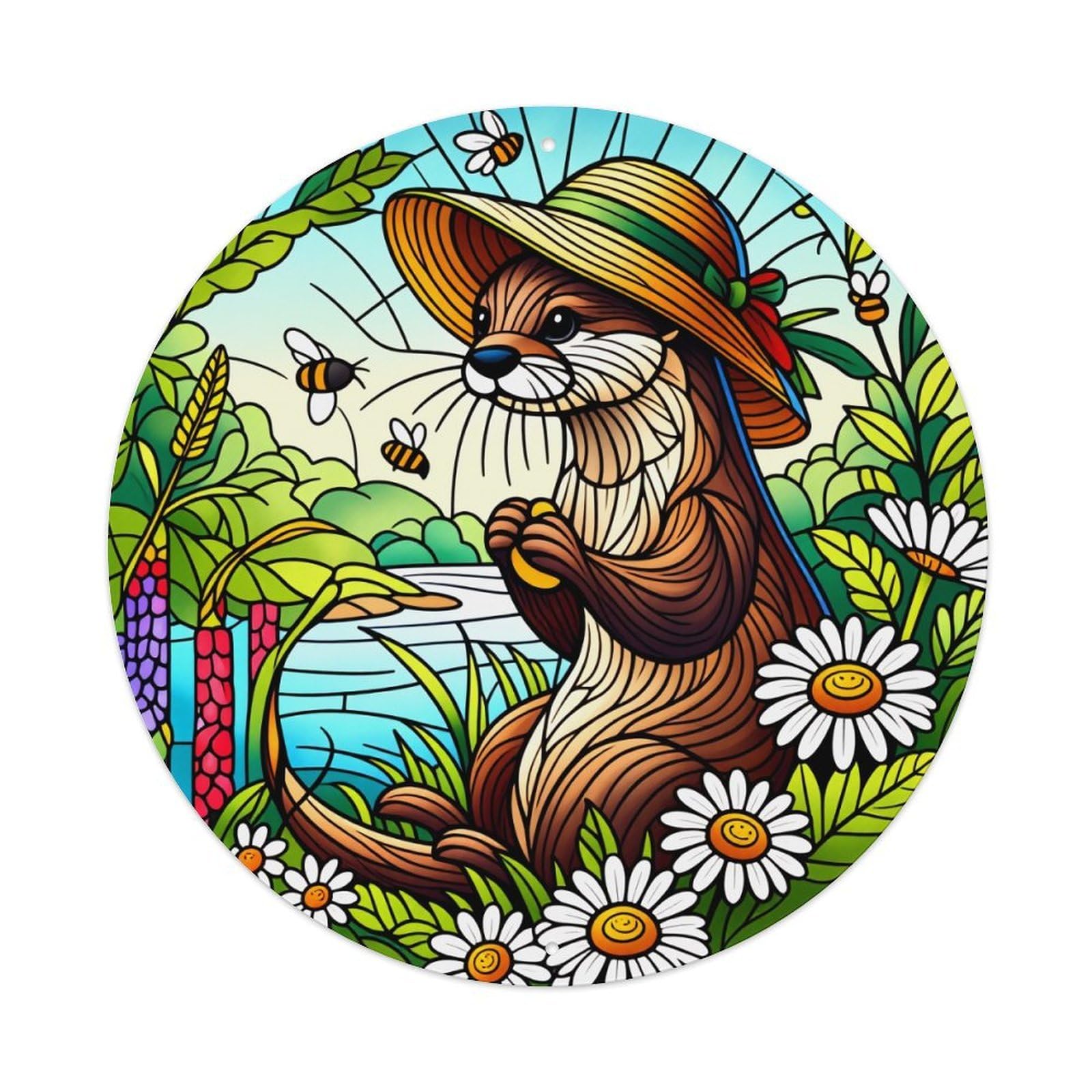 Otter In Garden With Flowers Round Tin Sign Vintage Style Metal Sign Home Bar Garden Wall Plaque Decor Metal Poster 8x8 Inch