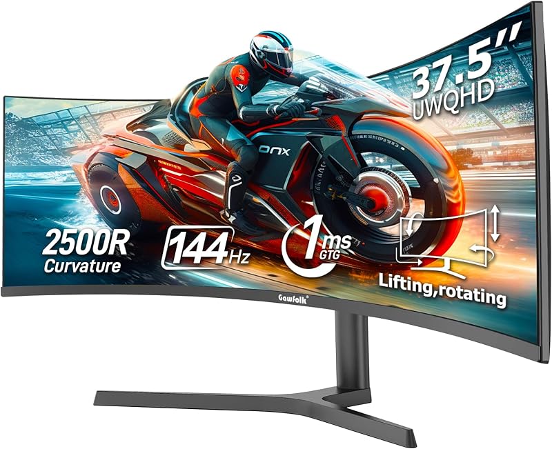 Gawfolk 37.5 Inch Gaming Curved Monitor 3840×1600p 144Hz PC Monitor | 21:9 2500R Pantalla curva ultra ancha, FreeSync, sin parpadeo, 2xHDMI 2.0, 2xDP 1.4, PIP, PBP, montaje en pared 100* 100 mm