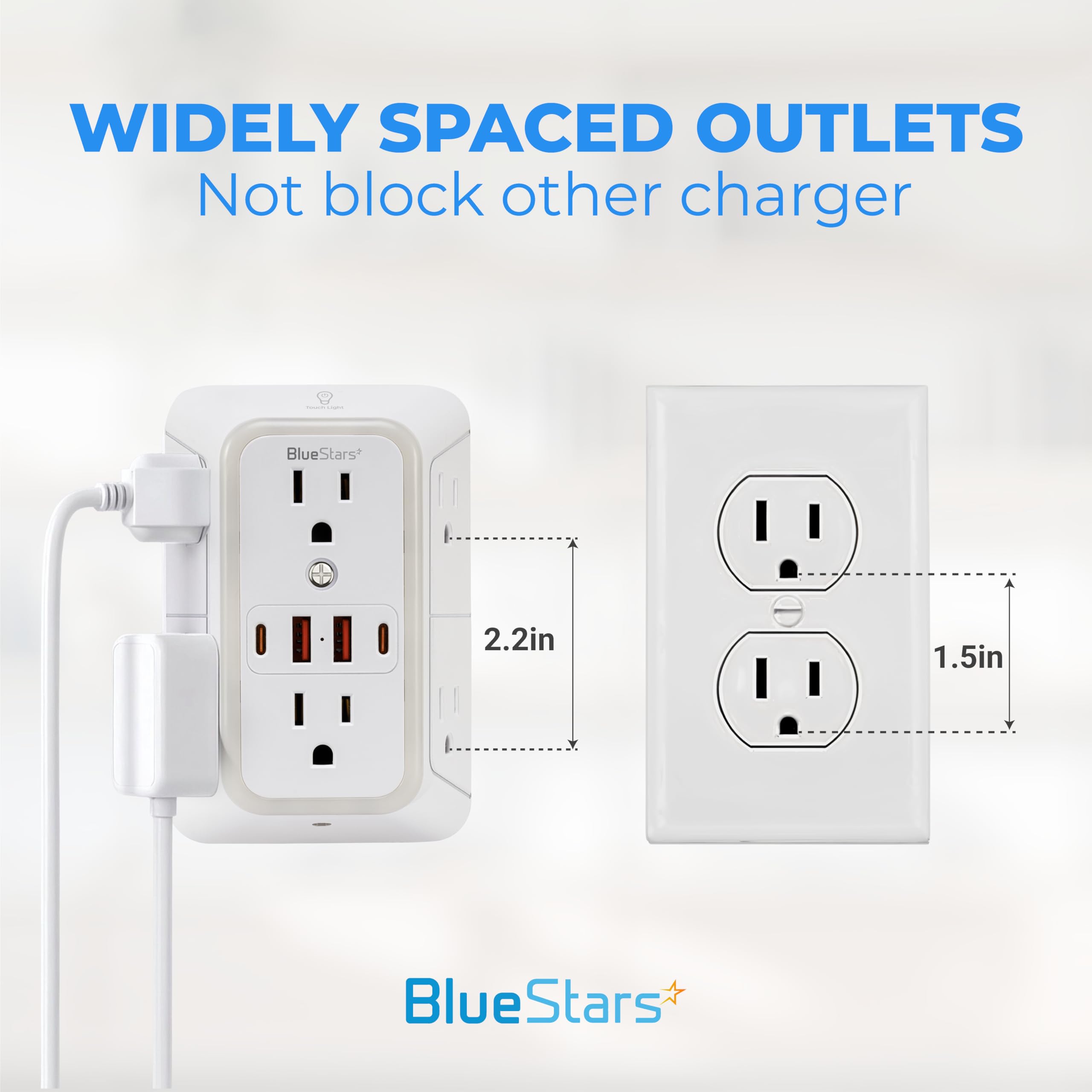 Cargador de pared USB con protector de sobretensiones de enchufe múltiple con 4 puertos USB y luz nocturna tira de alimentación de 3 lados con adaptador de tomas espaciadas
