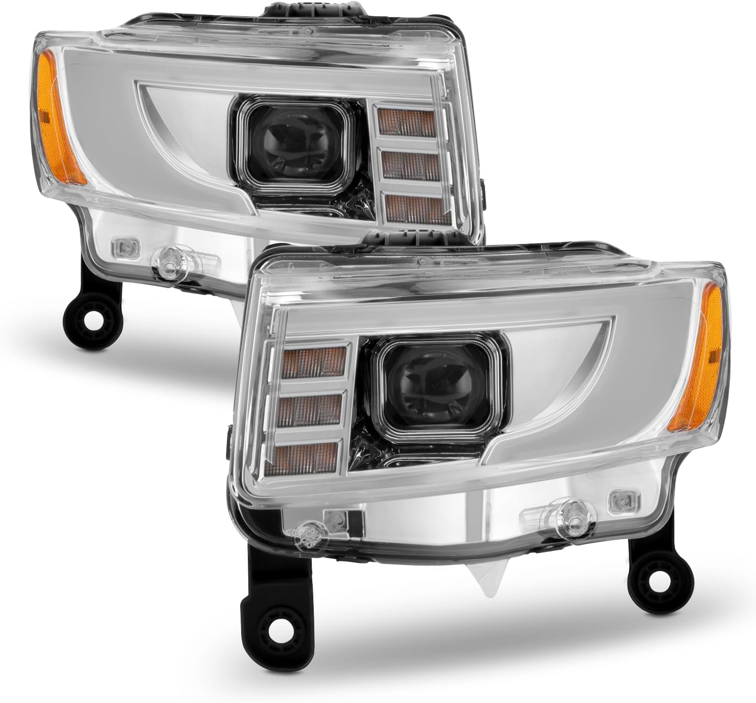 AKKON - Fit 2014 2015 2016 Jeep Grand Cherokee [Full LED] Tube Bar DRL w/Sequential Signal Projector Headlights Chrome Housing Direct Replacement Headlamps