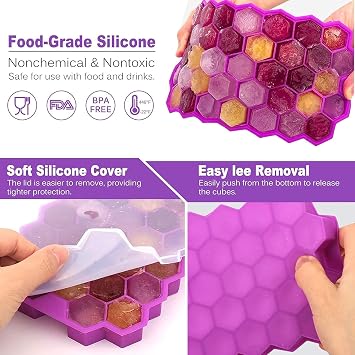 BIDFUL Ice Cube Trays for Freezer with Lid-37 Grid [4Pack] Purple Silicone Ice Cube Tray with Lid for Small Ice Cube Molds,Easy-Release Reusable Ice Cube in Ice Bucket for Iced Coffee Cup