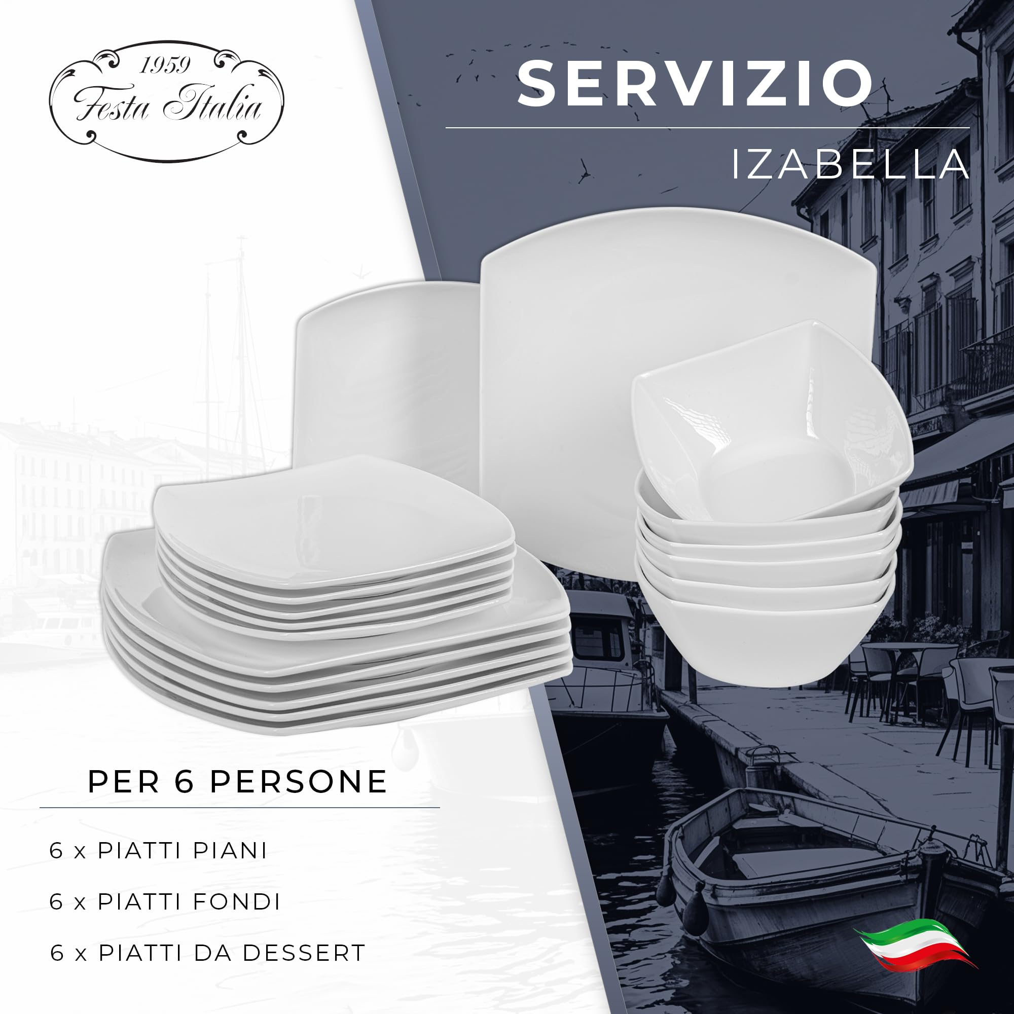 Servizio Piatti Porcellana 18 Pezzi 6 Persone, Quadrato