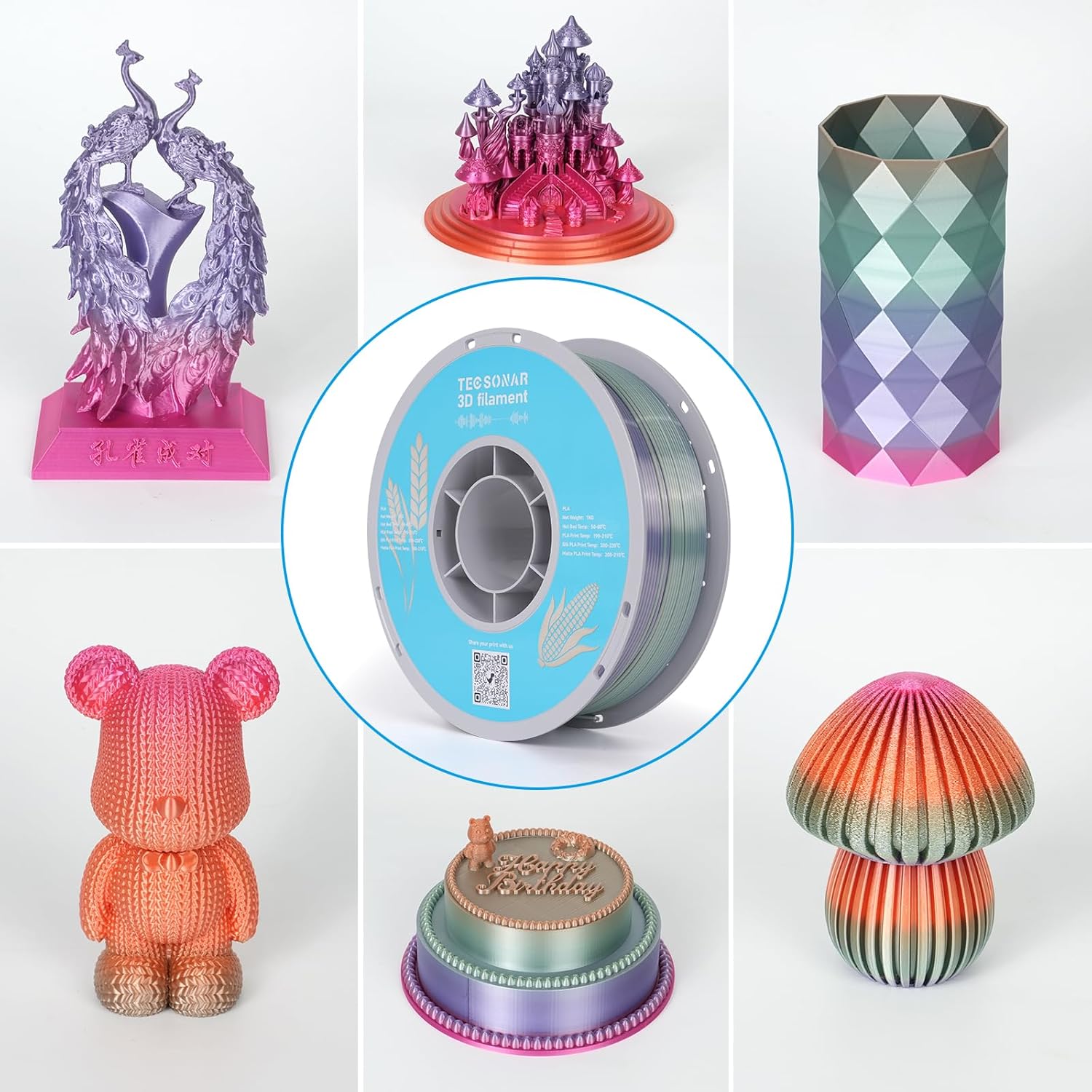 Silk Rainbow PLA 3D Printer Filament Bulk,10Rolls,1KG Spool(2.2lbs) 1.75mm, Multicolor Gradient Filament for Most FDM 3D Printers,10 Different Silk Rainbow Colors