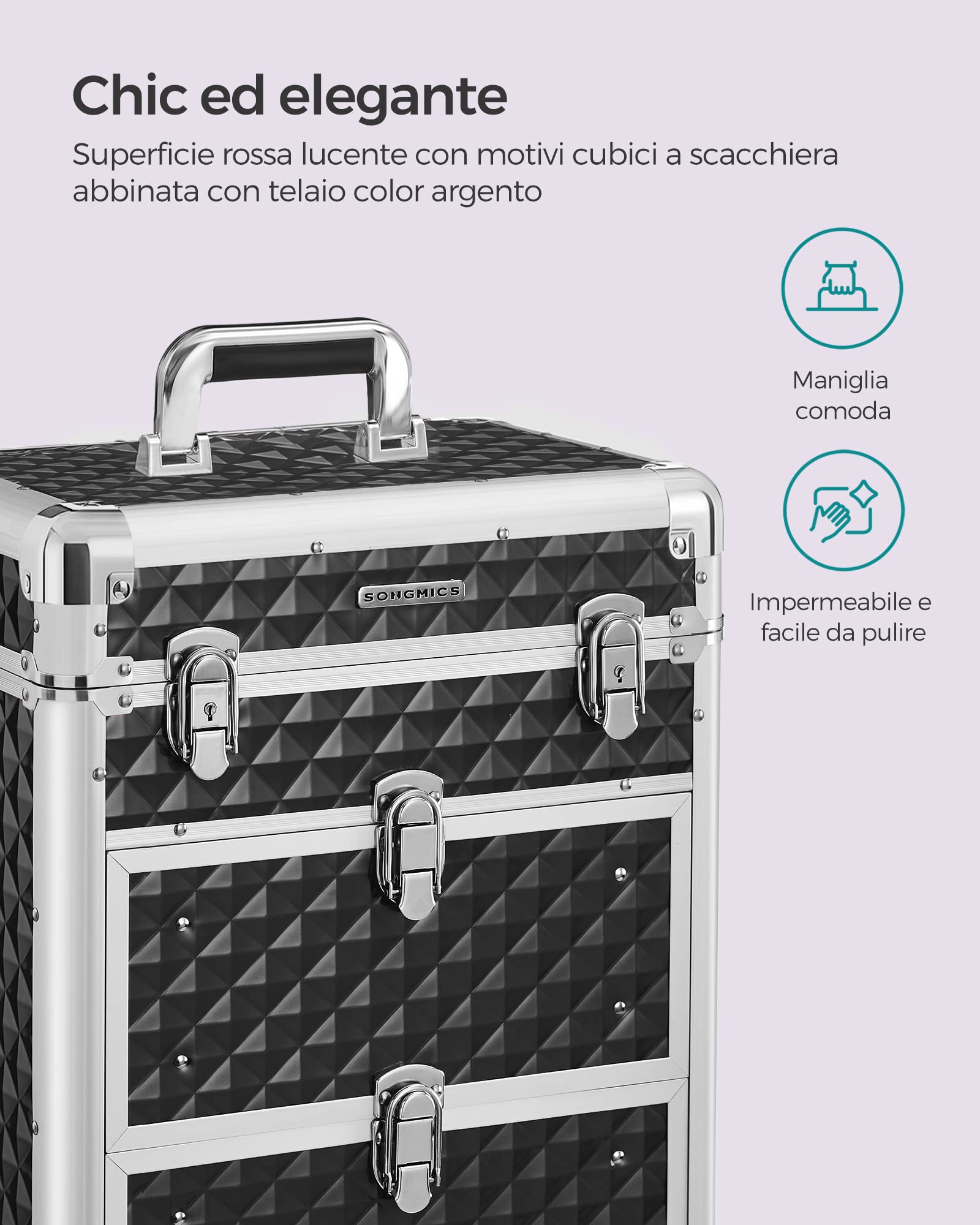 SONGMICS Trolley per cosmetici, Valigia Porta Trucchi, Trolley Make Up, 2 Cassetti, Grande, Ruote Girevoli a 360°, Beauty Case da Viaggio, per Truccatori, Idea Regalo