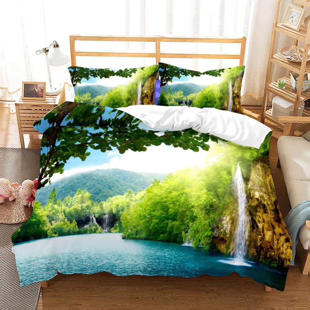 Parure de lit 180x210 cm avec housse de couette et taies d'oreiller au motif paysage nostalgique