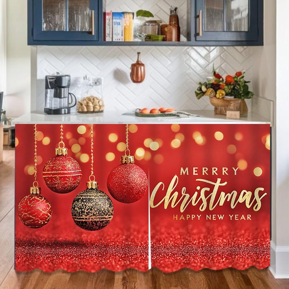 Under Sink Curtain 55.1 x 31.5 in Christmas Ornament Sink Skirt | Under sink curtain with Merry Christmas ornament print for kitchen sink cabinet bathroom vanity and storage cover