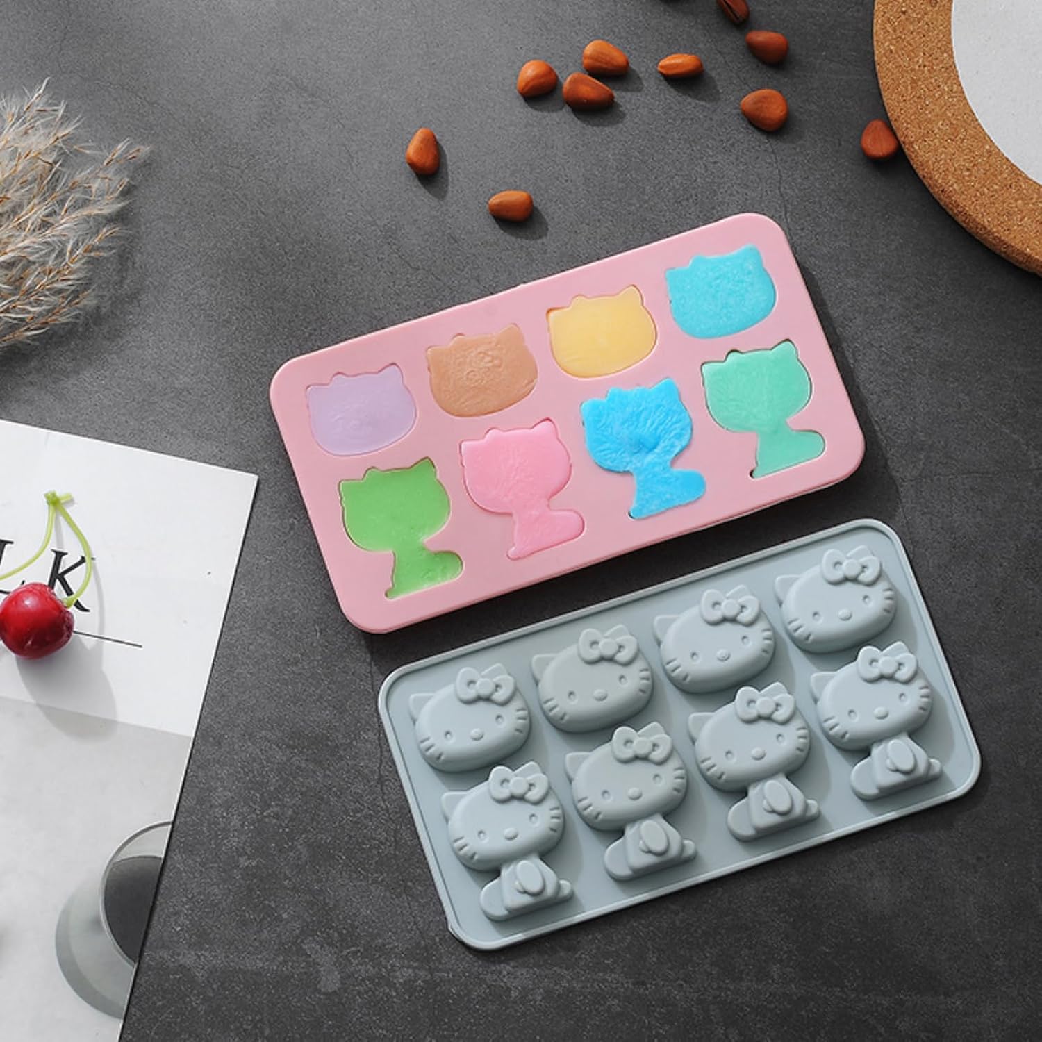 2 Packs Cute Cat Silicone Fondant Cake Mold 8-Cavity Cartoon Ice Mold Non-stick Mousse Chocolate Candy Mold for Sugarcraft Candy Cupcake Topper Baking image 5