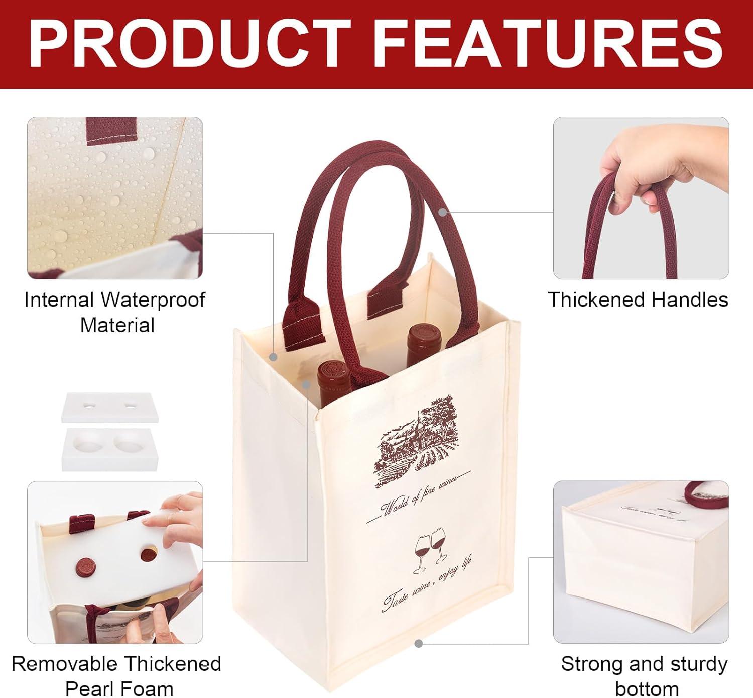 Sturdy Canvas Wine Tote Bag for 2 Bottles, Waterproof with Wine Red Handles & Built-in Foam Padding, Foldable Wine Gift Bags Alternative to Wine Shipping Box, for Party Wedding Wine Lovers, 2-Pack