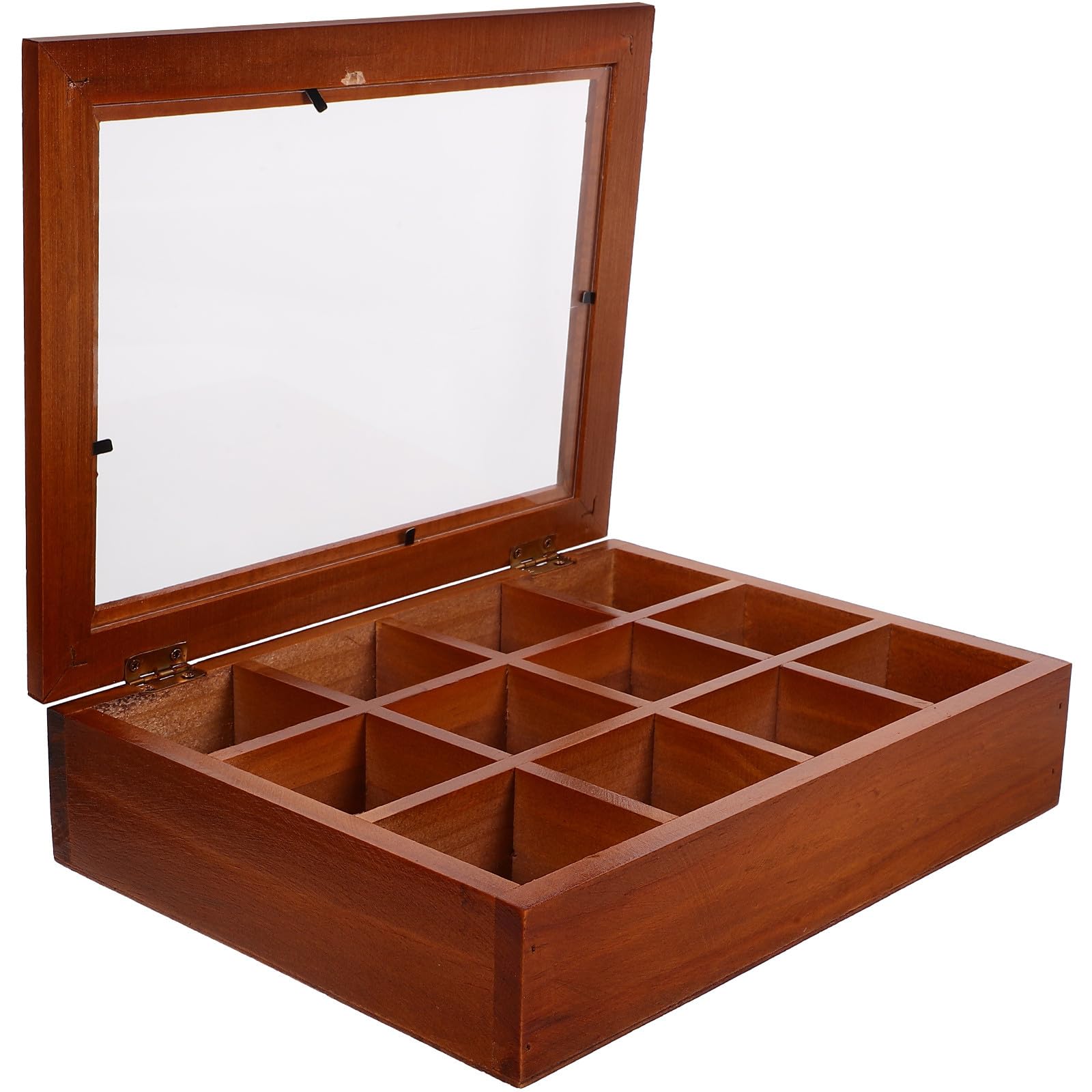 Caja de Almacenamiento de Madera Marrón con 12 Compartimentos para Bolsitas de Té, Diseño Elegante y Portátil para Área de Comedor y Decoración del Hogar