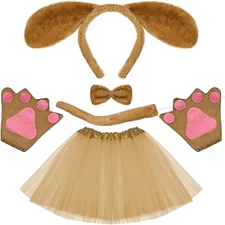 6 Pieces Halloween Kids Animal Costume Set Brown Tutu Skirt Dog Ears Headband Bowtie Tail Puppy Paw Gloves for Kids Girls Cosplay Party