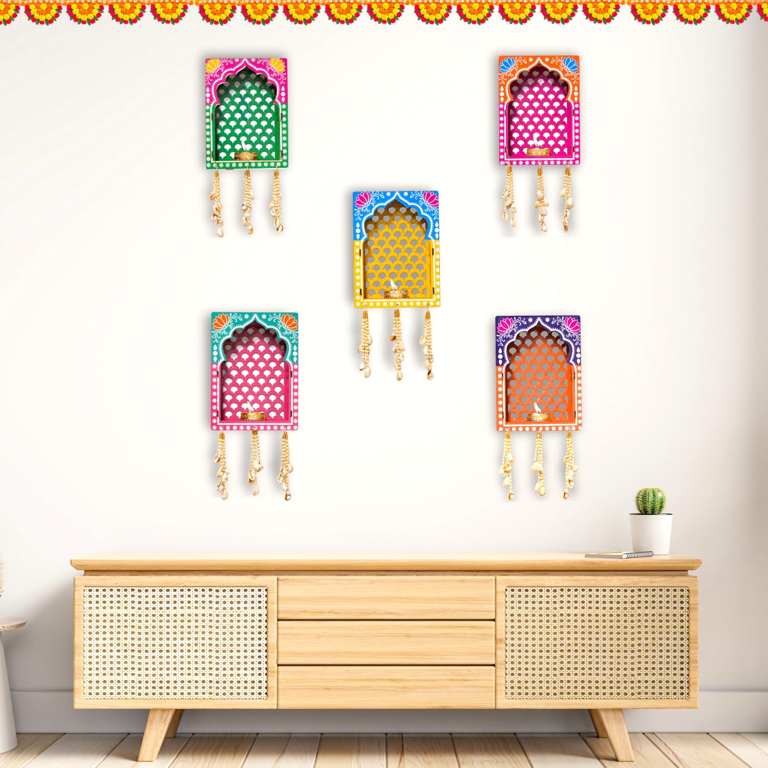 Upharkaro Handcrafted Traditional Rajasthani Jharokha Wall Hanging with Diya & Pearl Latkan (6L x 5W x 12H Inch) – Colorful Ethnic Home & Mandir Decor | Set of 5-image-41