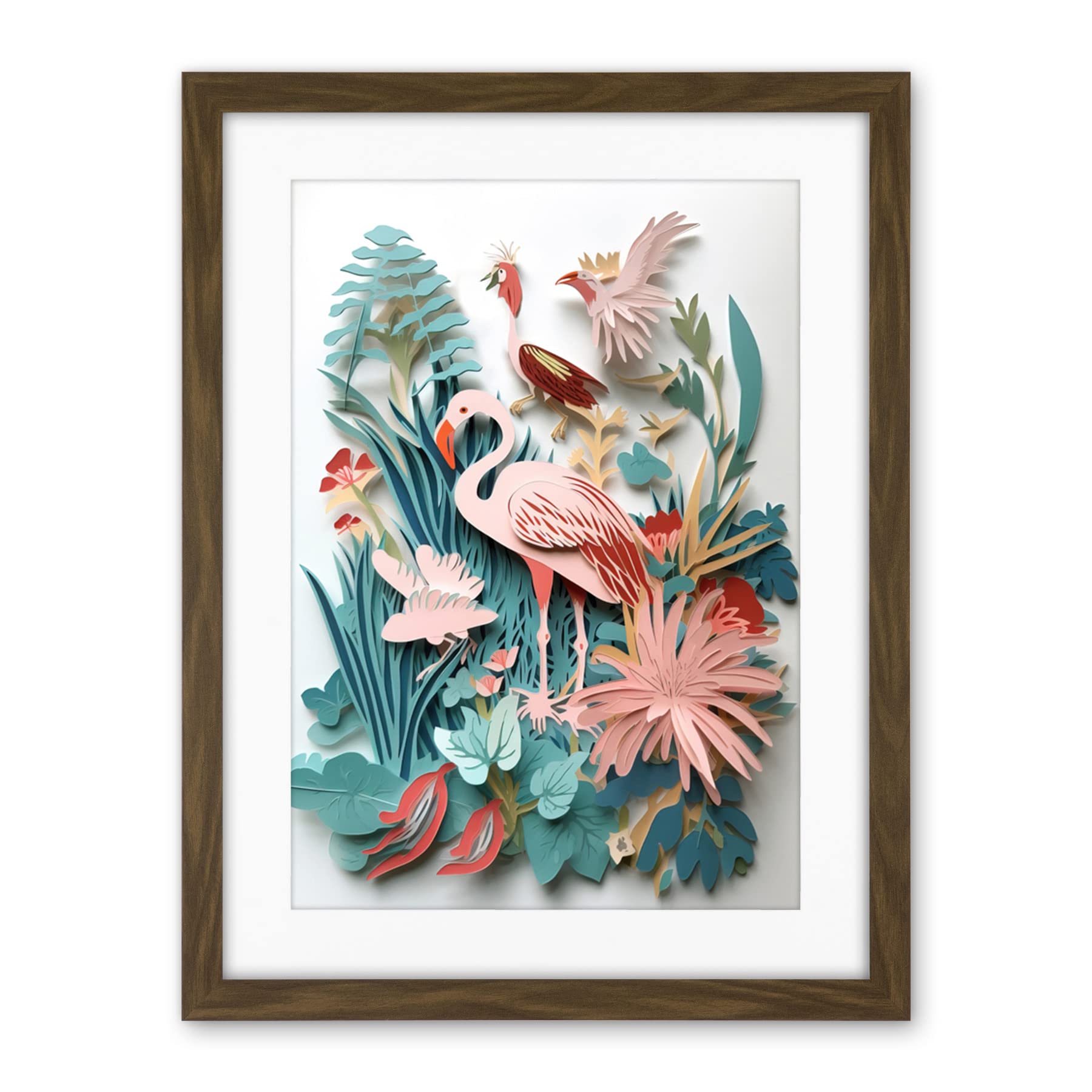 Artery8 Tropical Plants And Birds Multi-Dimensional Paper Kirigami Art Print Artwork Framed Wall Art Print 18X24 Inch