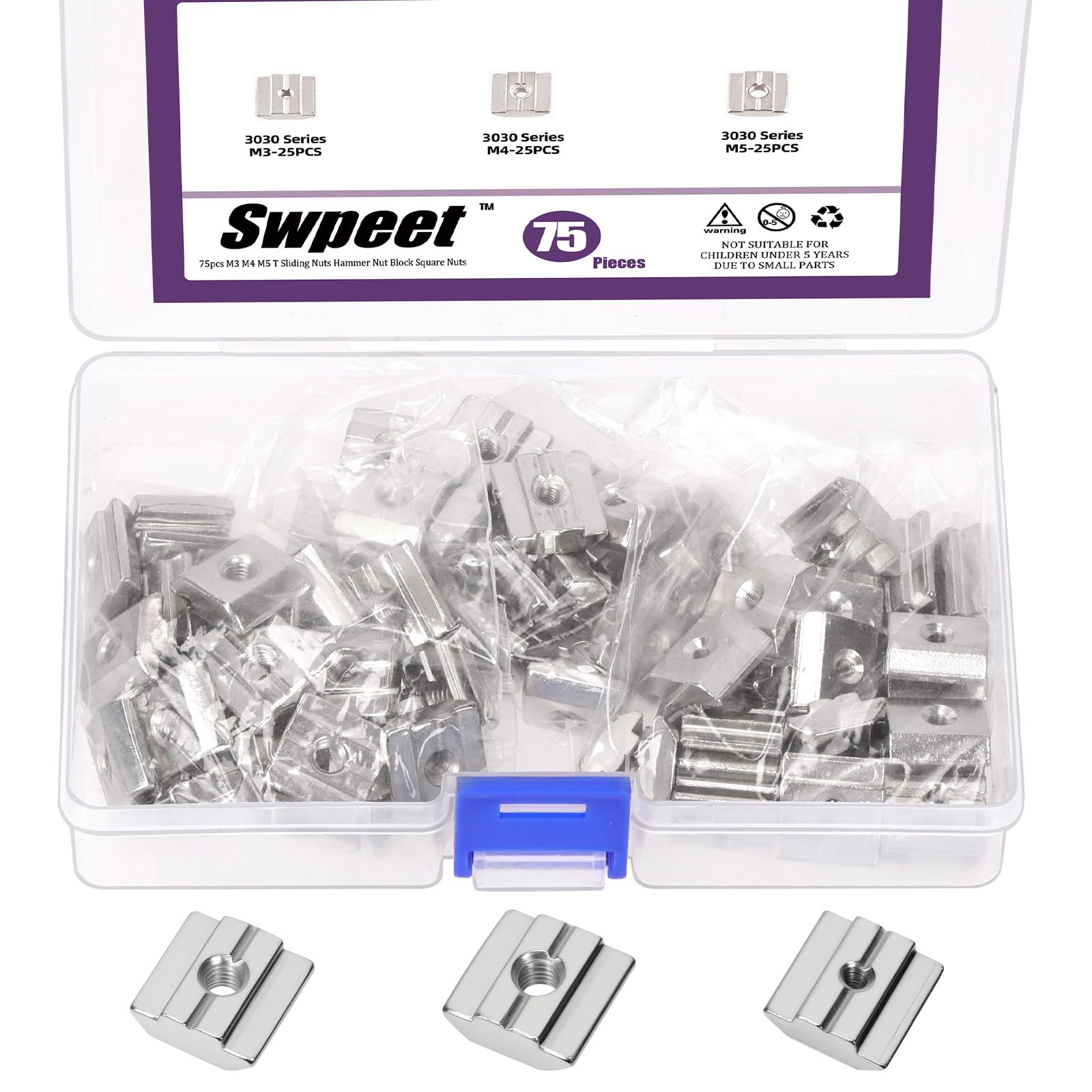 Swpeet 75Pcs 3 Sizes 3030 Series M3 M4 M5 Nickel Plated Carbon Steel T Sliding Nuts Assortment Kit