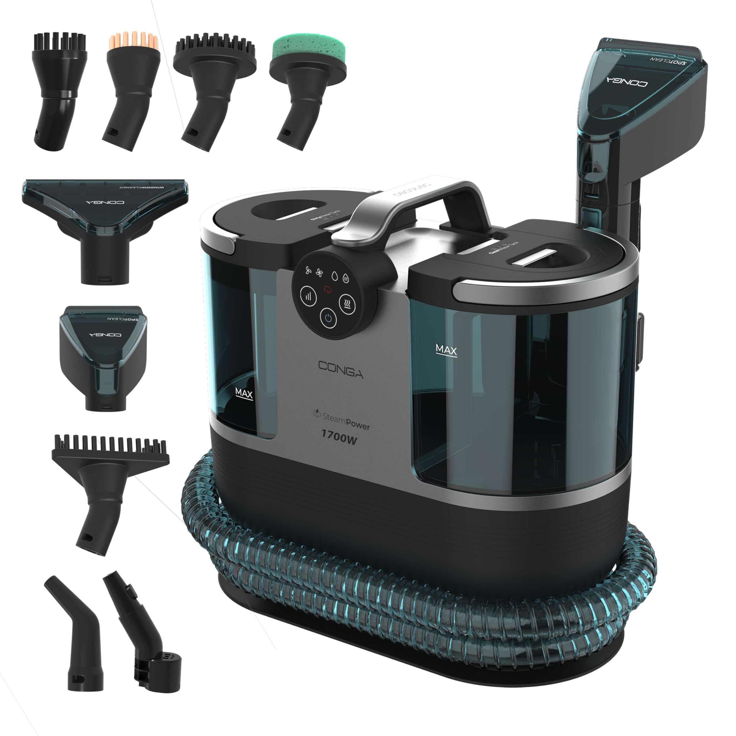 Cecotec Limpiatapicerías Conga 7000 Carpet&Spot Clean Steam XXL Pro. 1700W, Función 3 en 1, Limpieza con Vapor y Agua Caliente, Radio de 9 Metros, 15 Accesorios, Limpiacristales, Autolimpieza