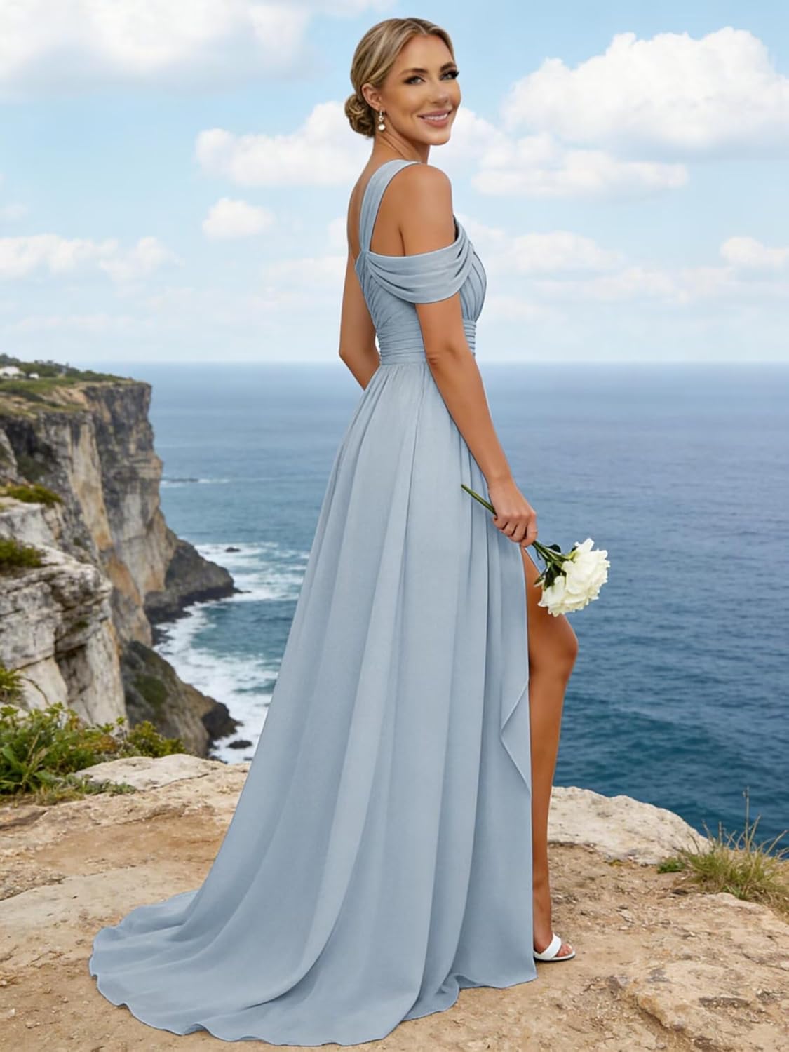 ForElise One Shoulder Chiffon Bridesmaid Dresses for Women Ruffles A Line Long Formal Dress with Slit Pleated Prom Gowns