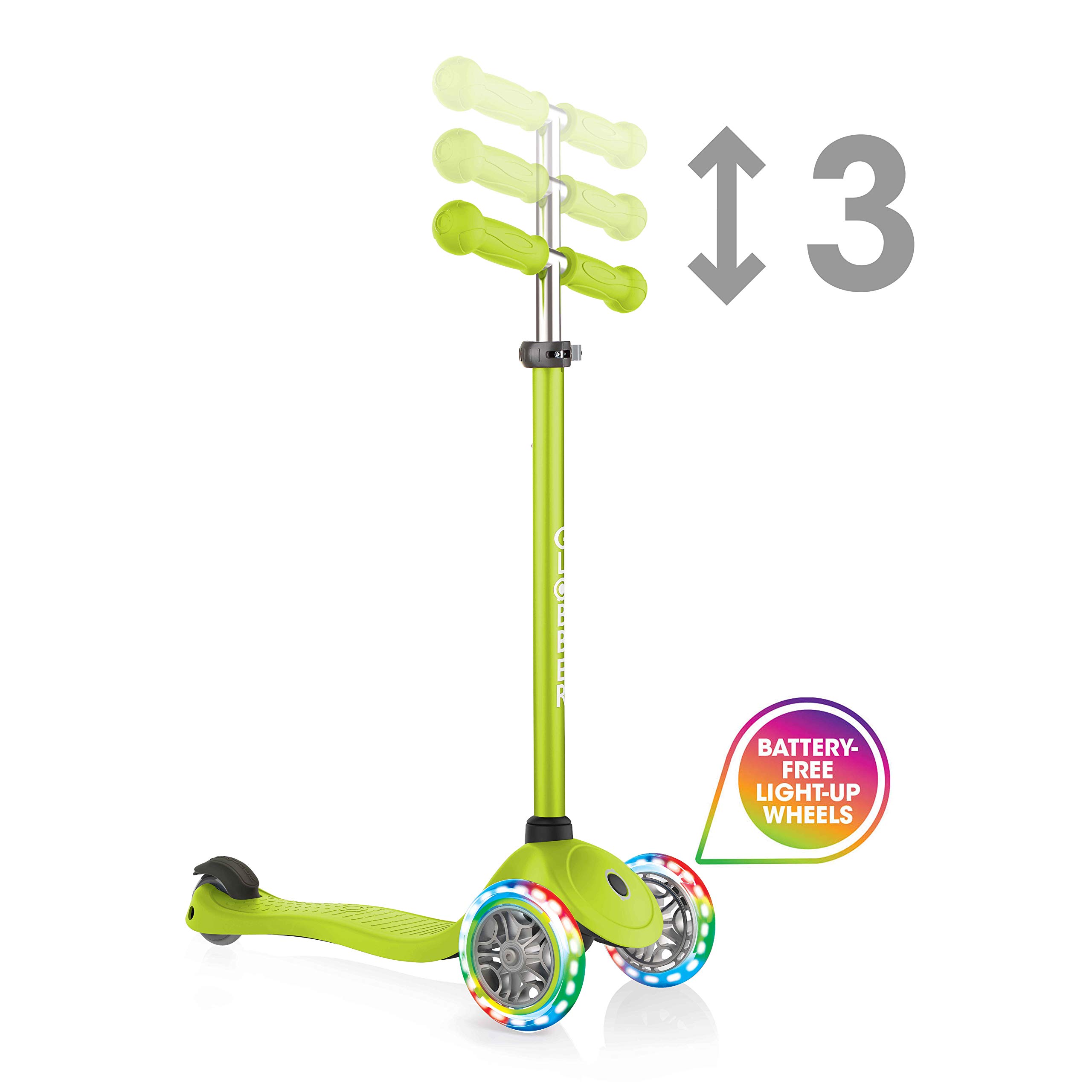Globber Primo Lights hulajnoga dziecięca, 120/80 mm, ABEC 5, 3-kołowa, z regulacją wysokości, kółka LED, limonkowa zieleń