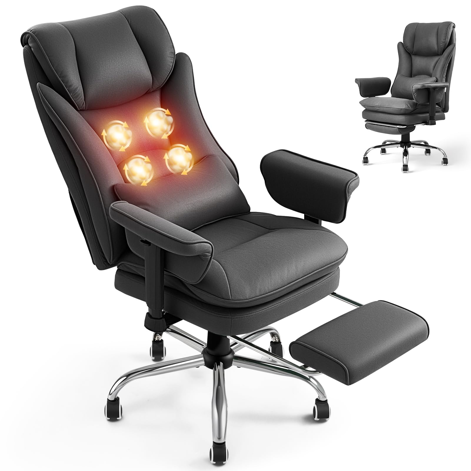 Warmiehomy Massage Office Chair with 4-Point Heated, 155° Reclining, Ergonomic Office Chair with Footrest & Lumbar Pillow, Heavy Duty Executive Computer Chair for Home Office (Tech Fabric, Grey)