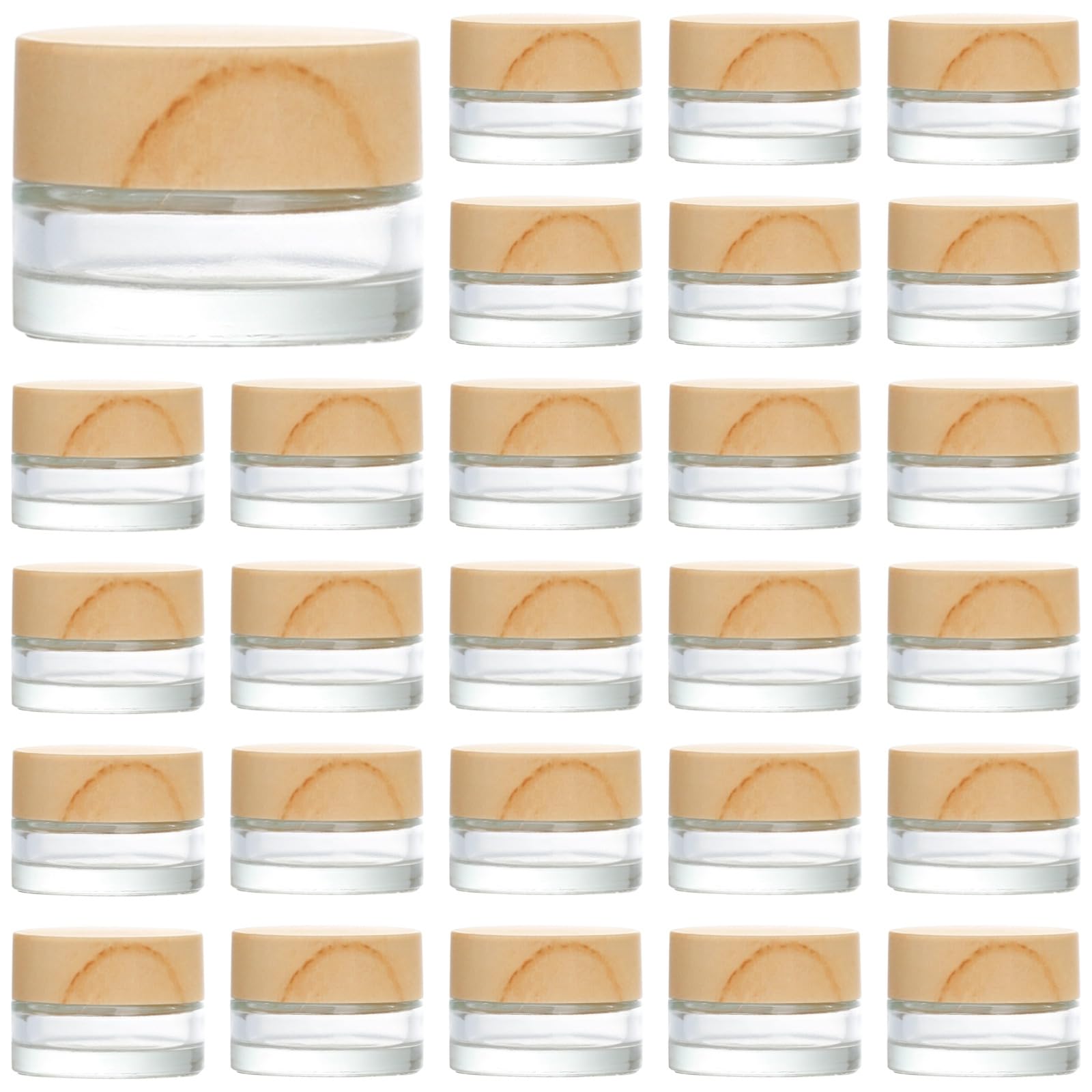 32 barattoli per cosmetici in vetro trasparente, da 5 ml / 0.17 oz, ricaricabili, da viaggio, con coperchi in legno naturale, flaconi vuoti per campioni per lozioni, creme per occhi, balsami, bellezza