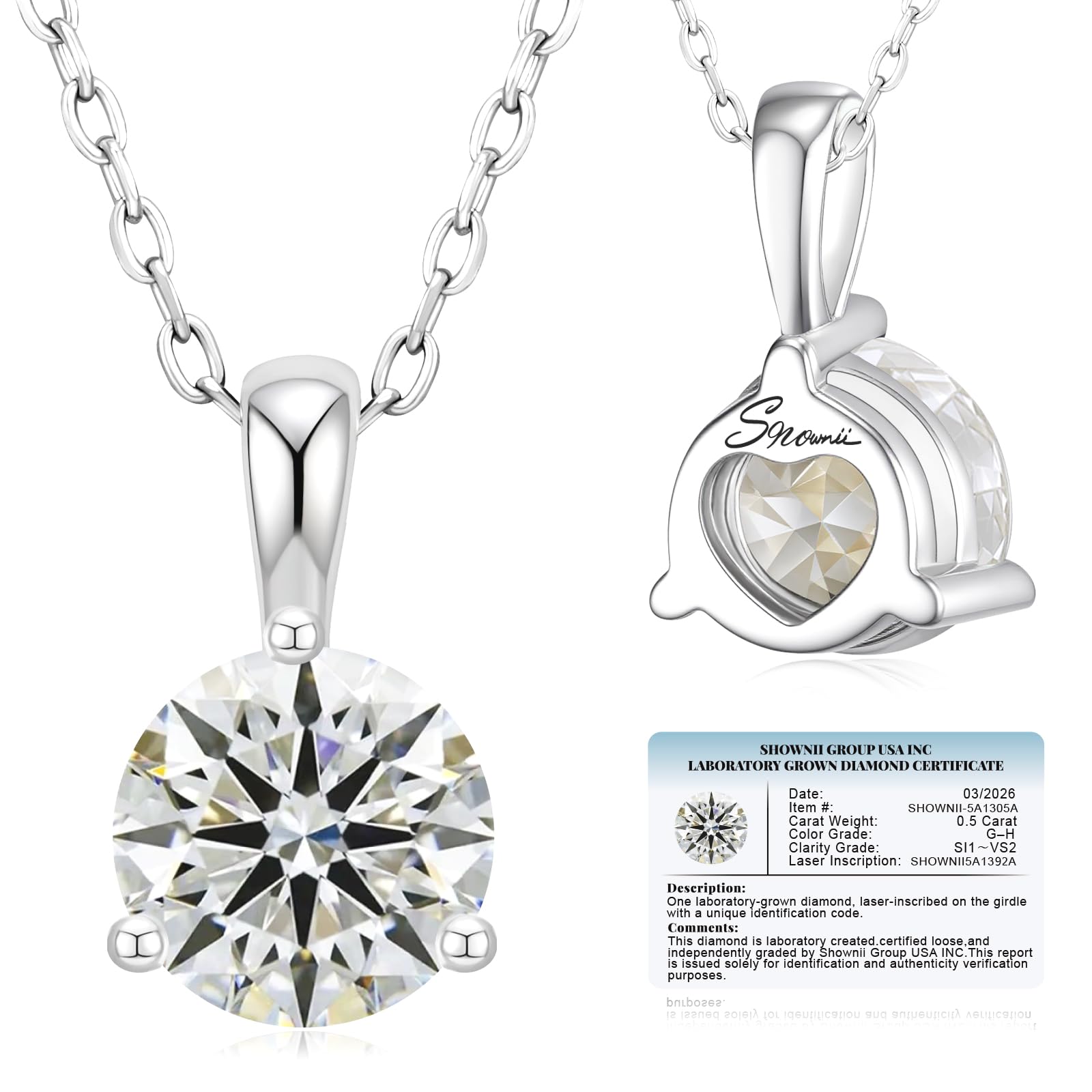 shownii LAB GROWN Diamond 0.5CT Round Pendant Necklaces for Women 14K