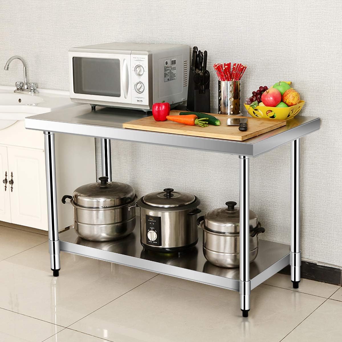 COSTWAY Mesa de Trabajo Acero Inoxidable, 122 x 61 x 90 cm, Mesa de Preparación de Comida de 2 Niveles, Estante Inferior Ajustable, Capacidad de Carga 250 kg, Estante Mesa Acero para Bar, Restaurante