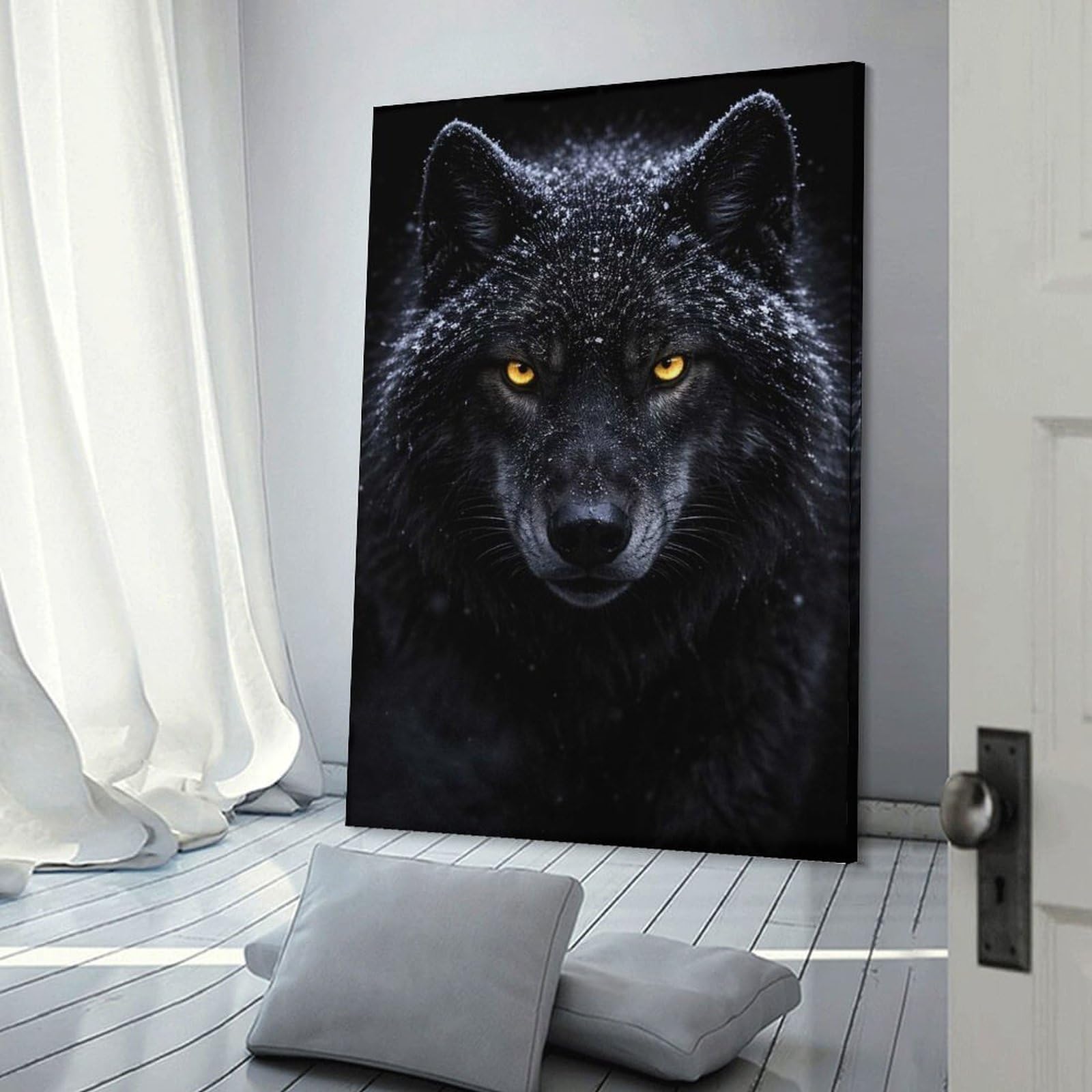 Junmoney Black Wolf with Glowing Yellow Eyes Room Decor Wall Art, 12x18inch(30x45cm), for Gallery Wall Decor And Room Displays, Decorative Artwork with Flexible Styling