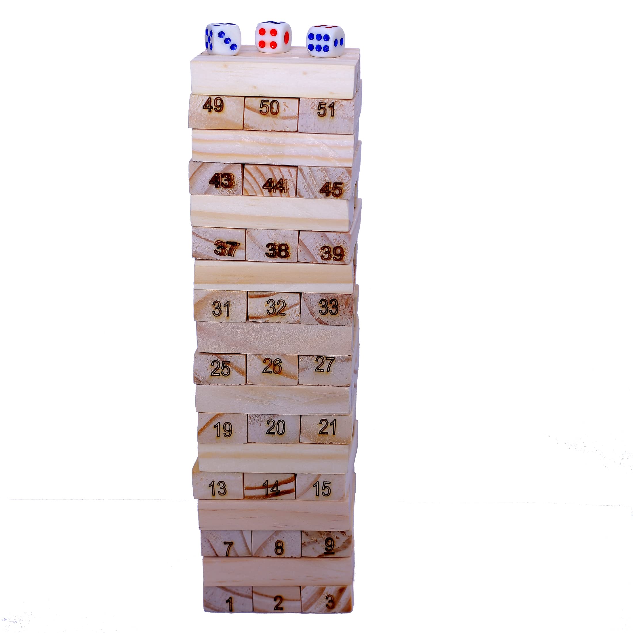 ENJUNIOR BOX - 54 Pcs Wooden Zenga Building Blocks Puzzle Game and 3 Dice - Challenging, Stacking and Balancing - Math Stackers, Tumbling Tower Game for Kids and Adults.(Zenga)