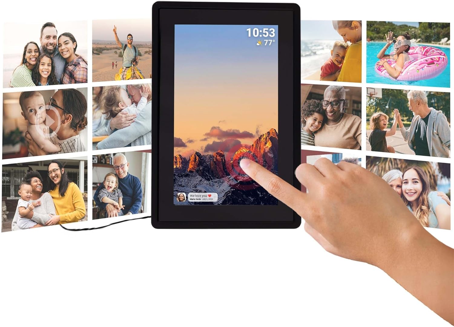 Hand touching the screen of the Tiqvi digital photo frame, demonstrating touch screen navigation.