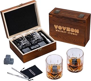 Whiskey Stones and Glasses Gift Set for Men – 8 Whiskey Scotch Bourbon Chilling Stones, 2 Whiskey Glasses in Wooden Box – Father's Day/Christmas/Birthday/Anniversary/Retirement Gift/Present for Father Dad Boyfriend Colleagues