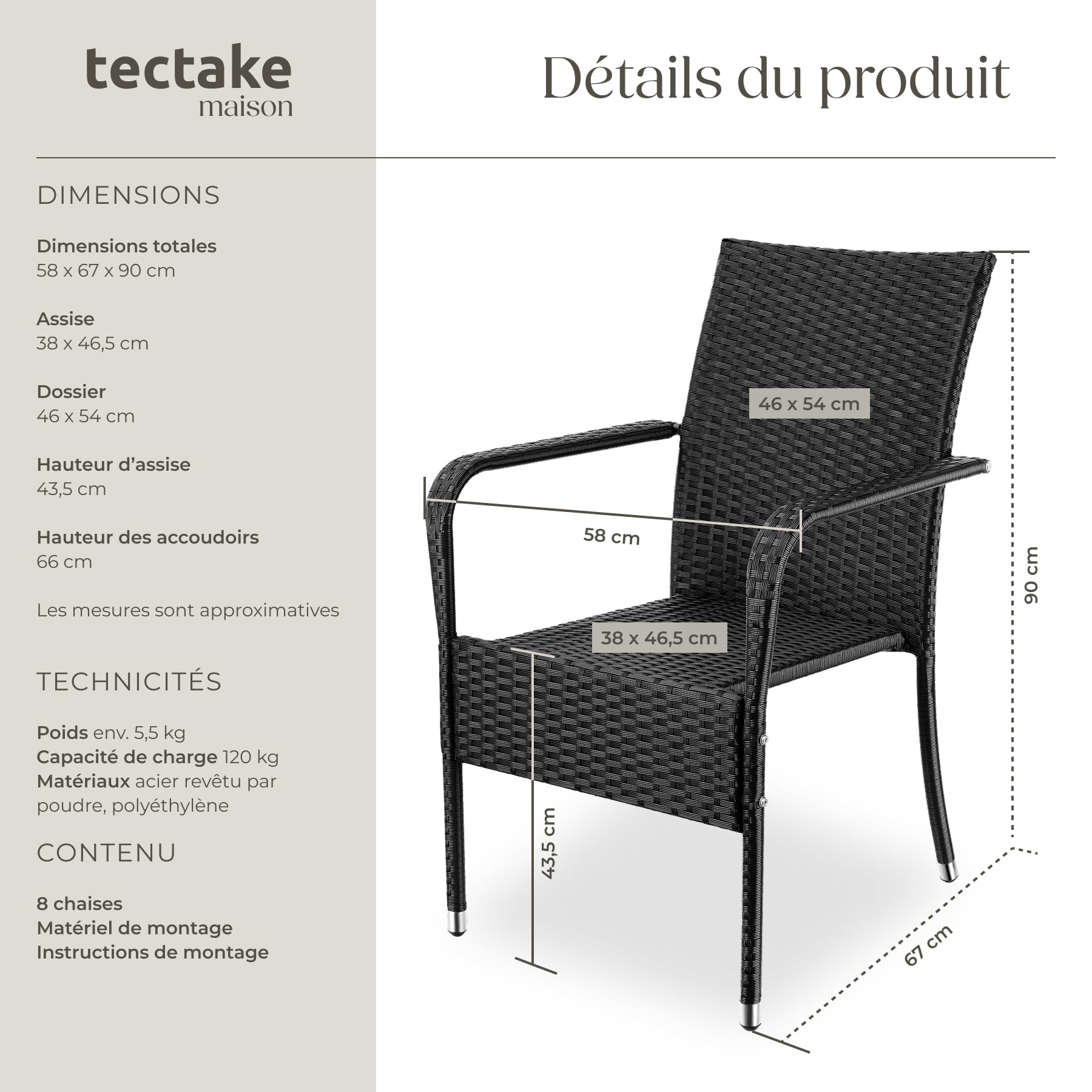 tectake® Lot de 8 Chaise de Jardin Fauteuil Salon avec Accoudoirs pour Salon de Jardin Exterieur Acier laqué & polyrotin, Mobilier Chaise rotin Amenagement Balcon Terrasse Veranda