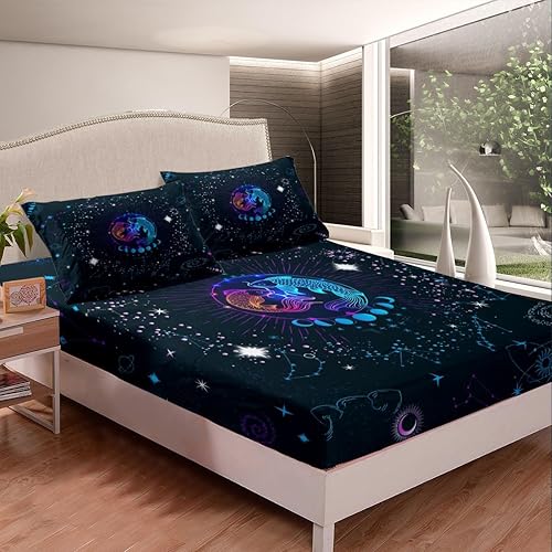 Vista 20 de Erosebridal Aries - Sábana bajera ajustable tamaño matrimonial, sábanas psicodélicas celestiales, sábanas de galaxia trippy de doce constelaciones