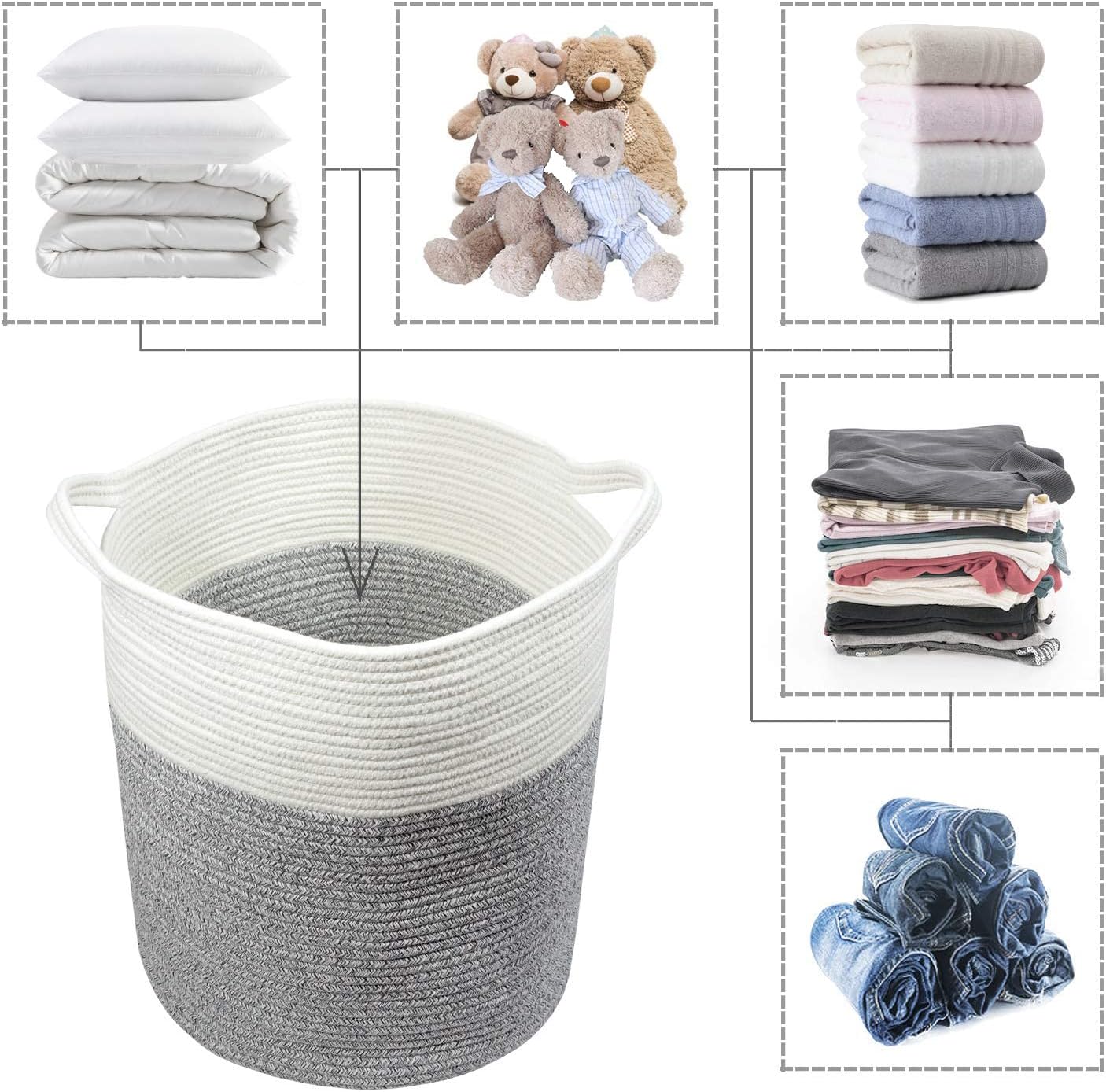 Blanket Baskets 18''x16''Cotton Rope Laundry Hamper Baby Nursery Storage Organizer Bundle with 13.5"x11"x 9.5"square woven Rope Basket for Shelves Toys, Nursey Cube Bin, Decorative Storage Organizer