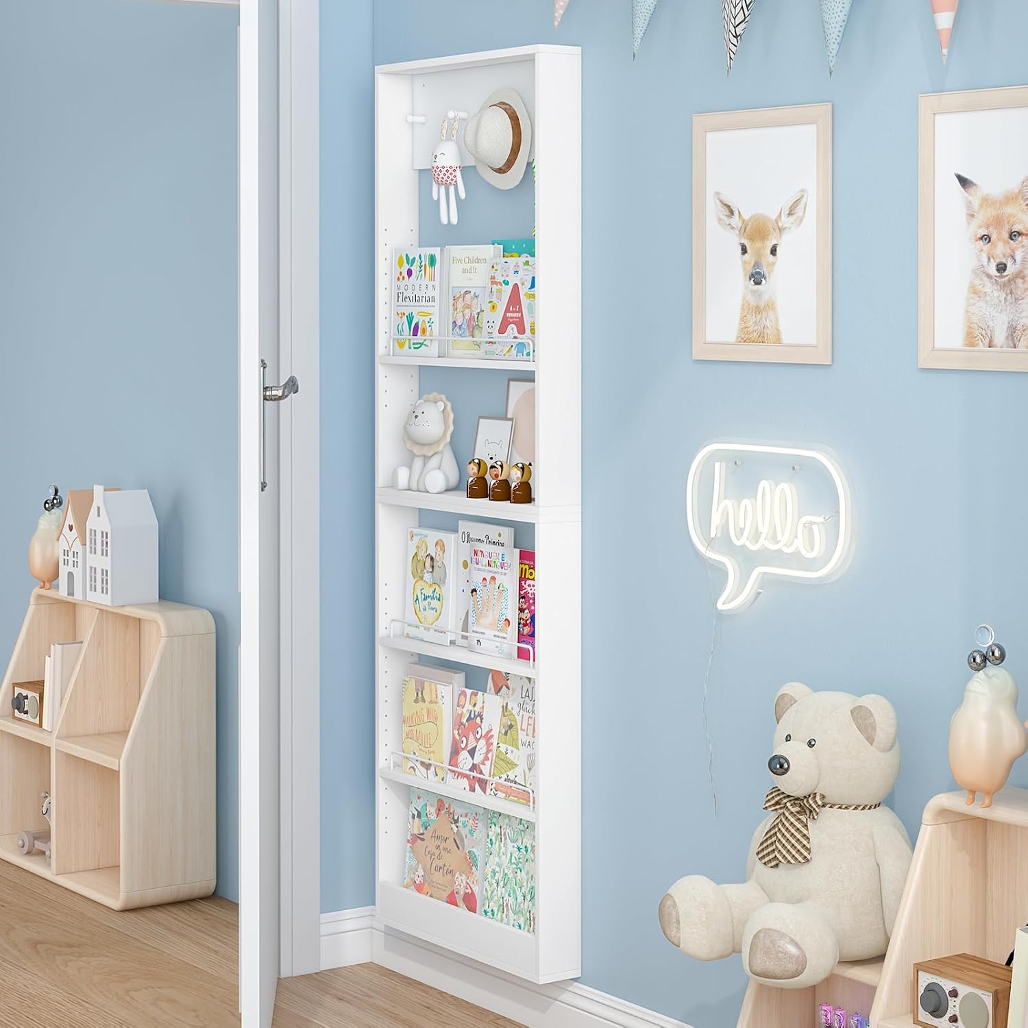 5-Tier Kids Bookshelf, Wall-Mounted Book Shelf with Adjustable Shelves & Hooks, Wooden Kids Bookshelf and Toy Storage, Space-Saving Behind Door Bookshelf for Kids' Rooms, Playroom, Nursery（White）