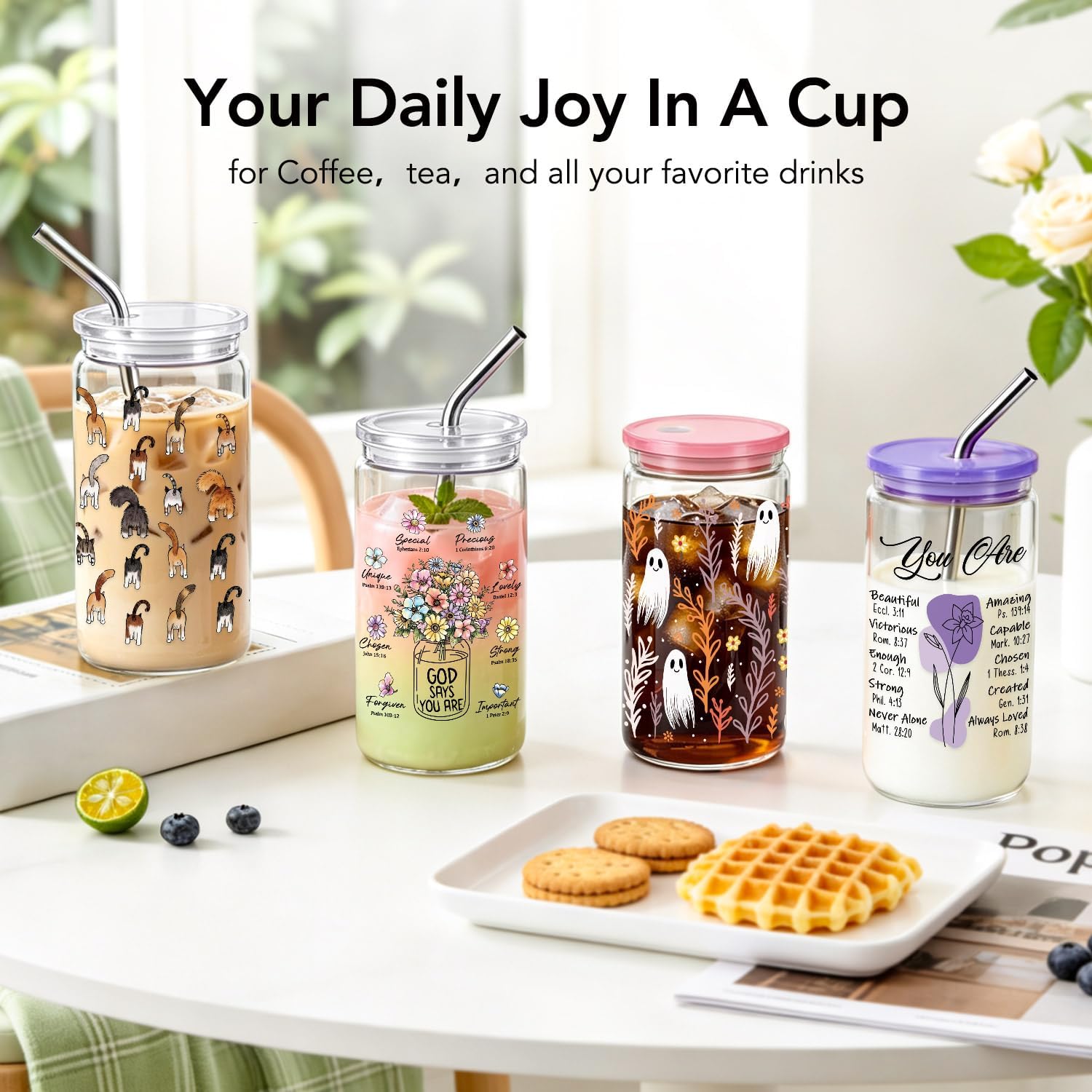 Christian Gifts for Women 16 oz Glass Cups with Lids and Straws, Inspirational Floral Coffee Cup for Friends, Mothersday Baptism Birthday Religious Gifts for Christian Wife Sisters