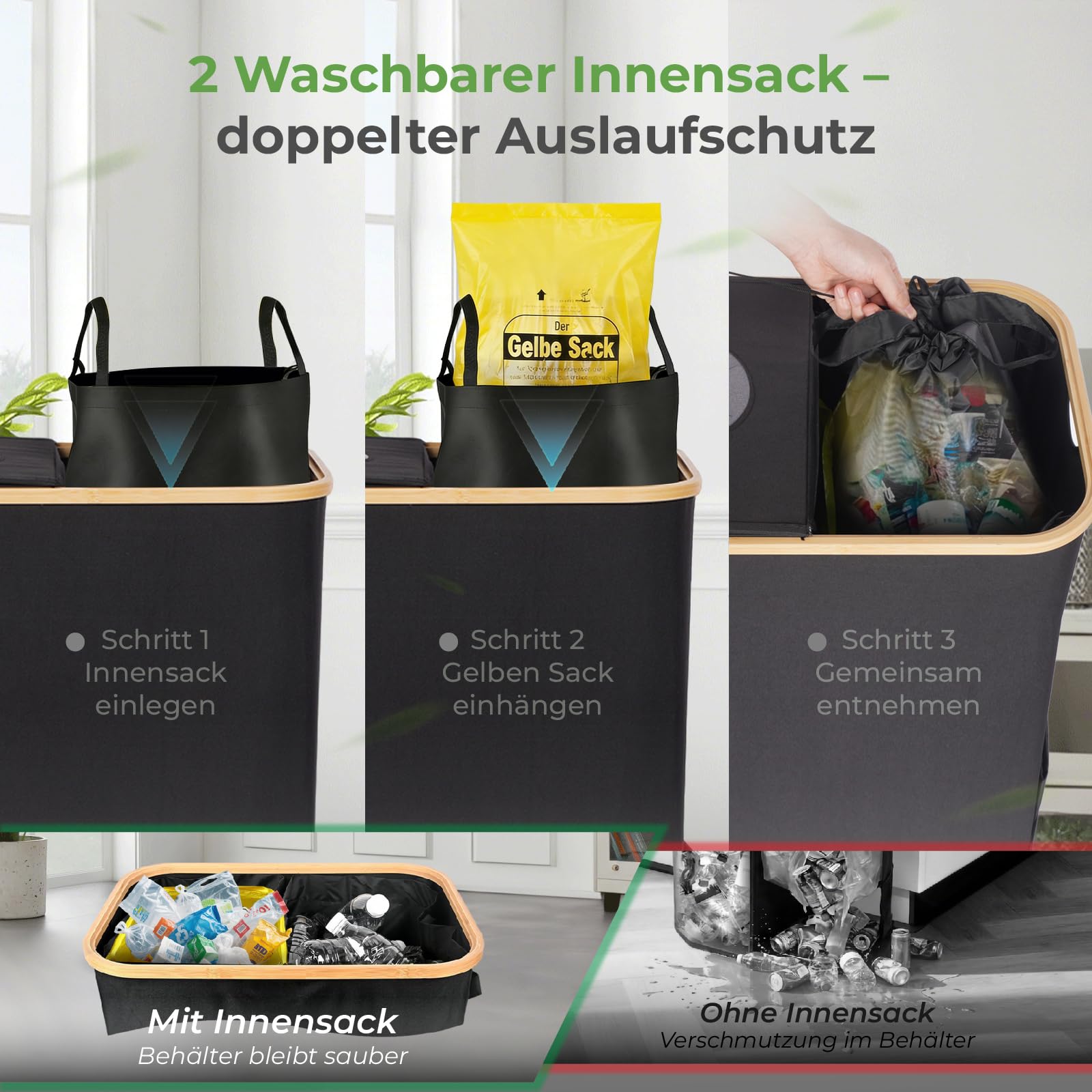 Gelber Sack Ständer 100L mit Deckel & Tragetasche, Müllsystem für Küche Haushalt - Schwarz