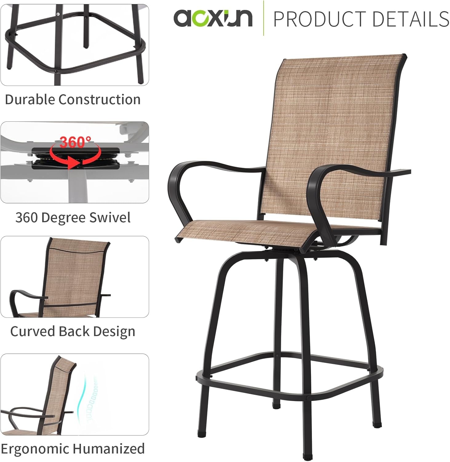 Aoxun 3 Pieces Patio Bar Set Outdoor Swivel Bar Chairs of 2 with Bar Table Textilene Bar Height Stools Set for Patio, Backyard, Lawn, Garden, Brown