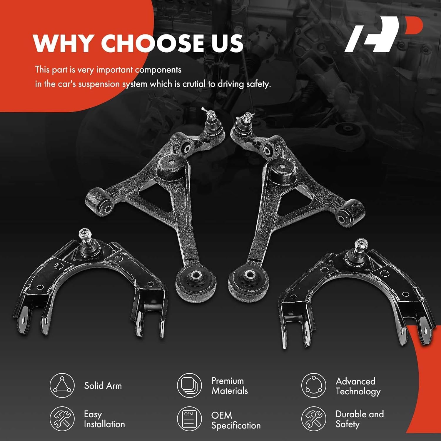 A-Premium Set of 4, Front Upper & Lower Control Arm Kit, with Ball Joint & Bushing, Compatible with Chrysler Sebring 96-06, Cirrus 95-00, Dodge Stratus 95-06, Plymouth Breeze 96-00