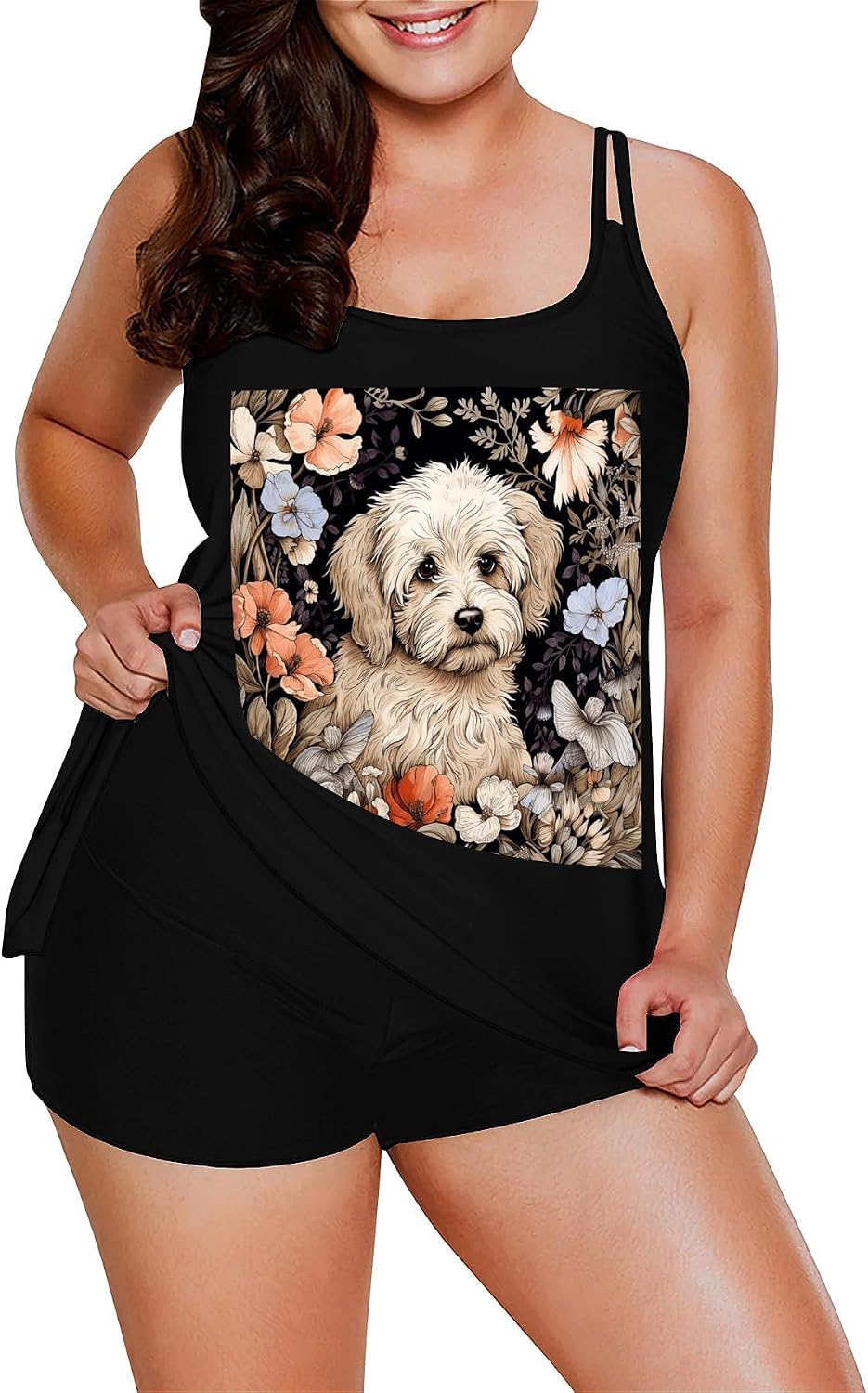 Hand Drawn Garden Dog Tankini Swimsuits for Women Tummy Control Two Piece Bathing Suits Swim Tops with Boy Shorts