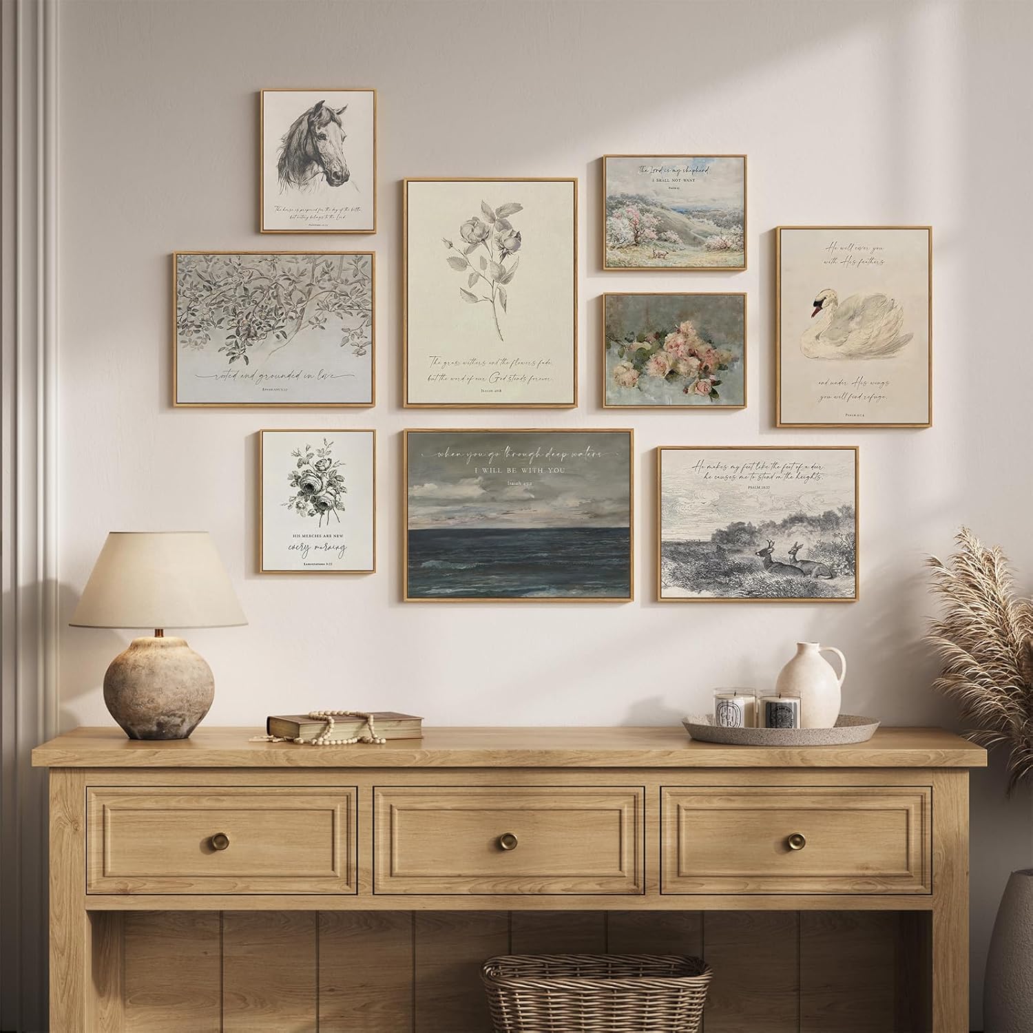 Framed Christian Gallery Wall Art Set of 9, Neutral Vintage Scripture Prints with Bible Verse Quotes, Inspirational Religious Artwork Decor for Living Room Bedroom Prayer Room