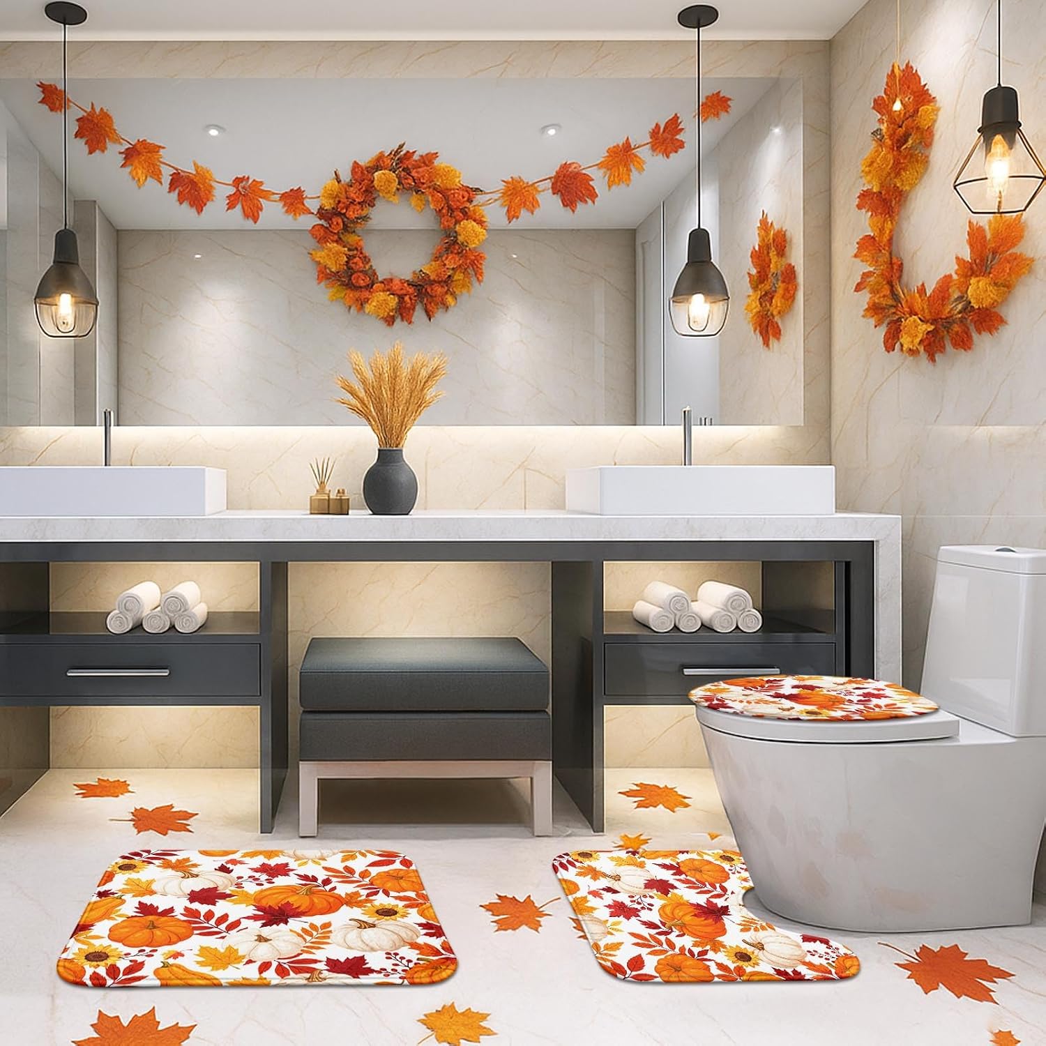 Britimes Bathroom Rug Set of 3, Bath Mats, Fall Leaves Orange