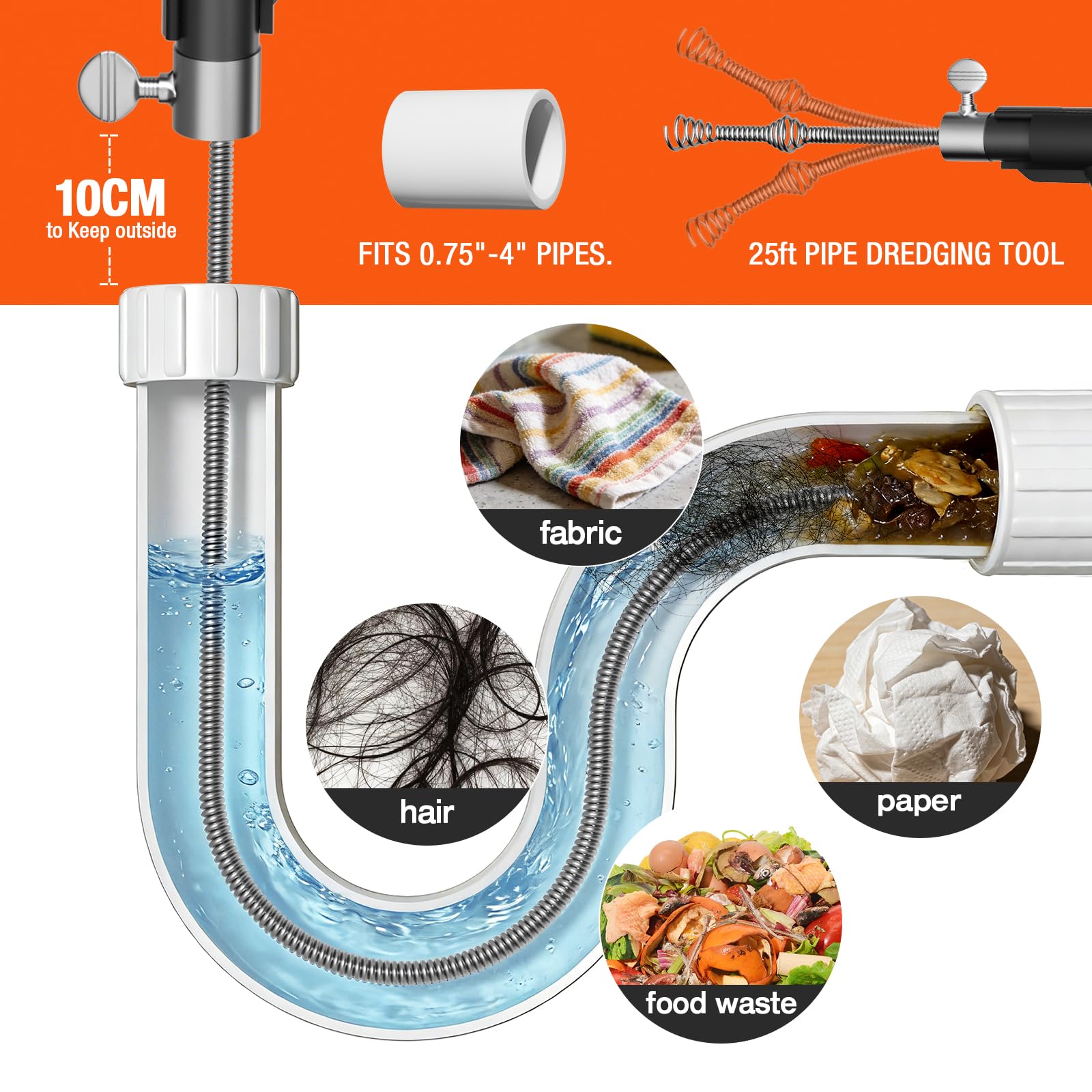 Taladro de drenaje resistente de 25 pies, serpiente de fontanería profesional con adaptador de taladro, removedor de obstrucciones manual y eléctrico para cocina, baño, fregadero de ducha y bañera
