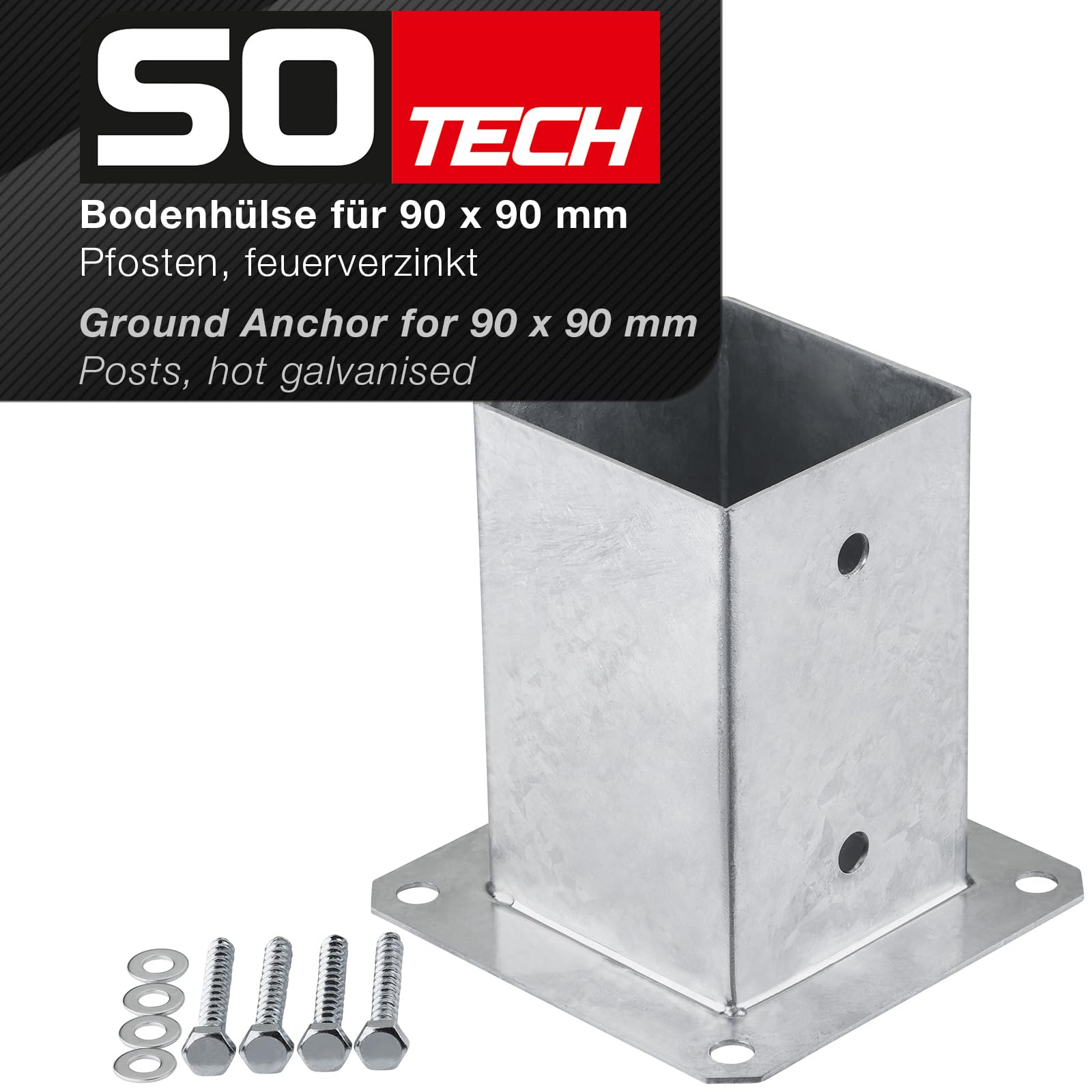 SOTECH SET de 2 ancres à visser carrées 90 x 90 mm, 152 mm de hauteur, acier galvanisé à chaud, douille pour bois carré - optimal pour l'extérieur