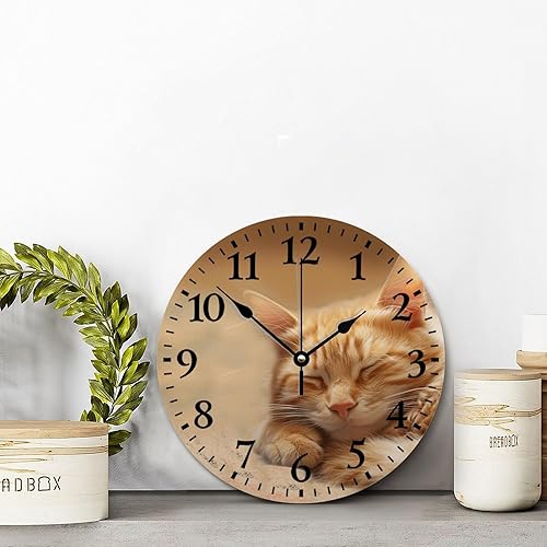 Miniatura 4 de Reloj de pared de gato atigrado naranja dormido de 10 pulgadas, bonito reloj de pared con animales, funciona con pilas, sin tictac, reloj de madera
