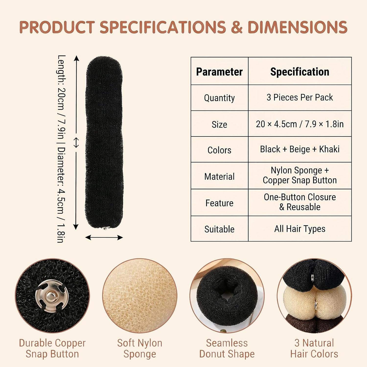 3PCS 20cm Donut Hair Foam Ring Shaper Snap Roll DIY Tool for Women (3 colors)